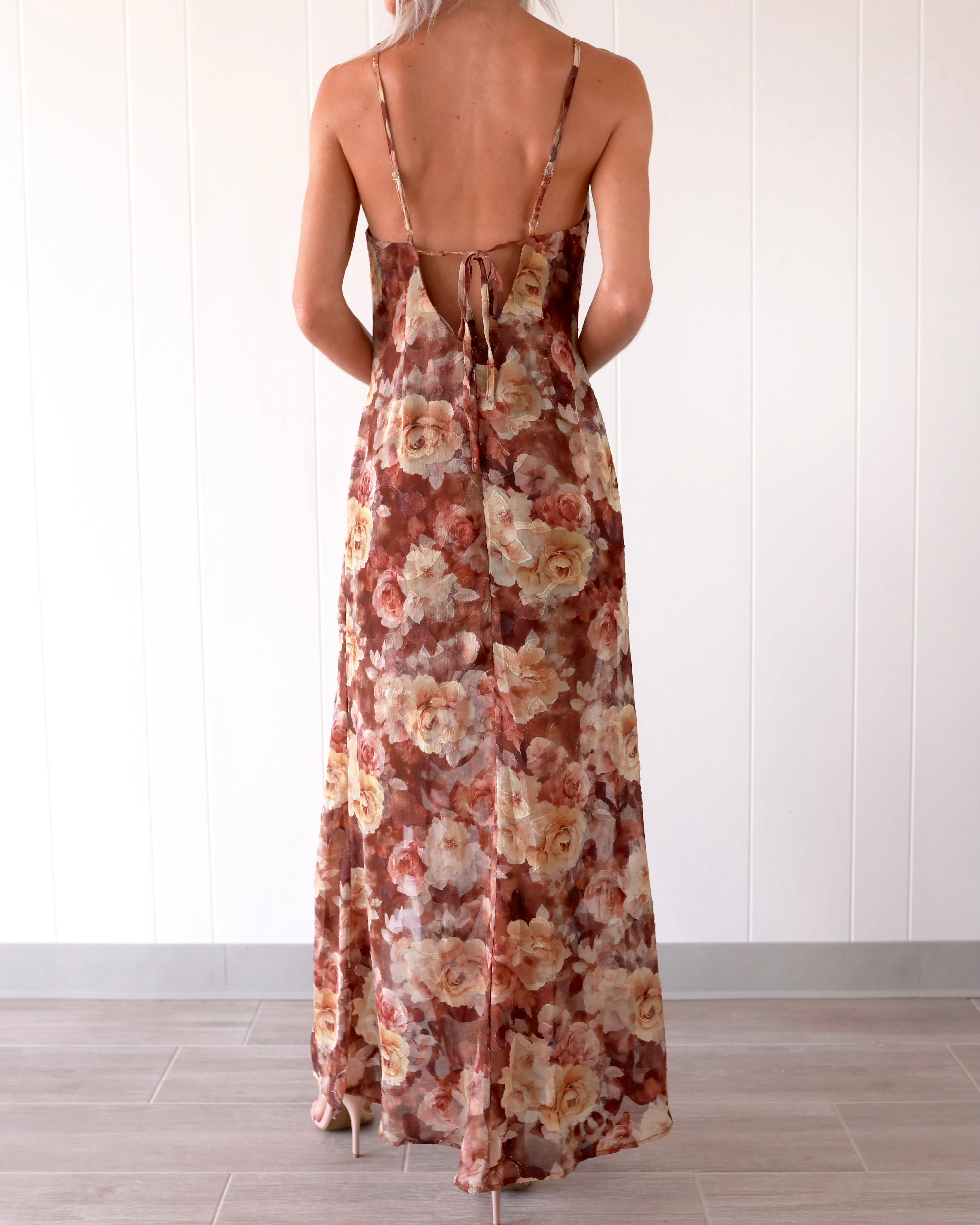 Petal & Poise Cowl Neck Floral Maxi Dress - Brown