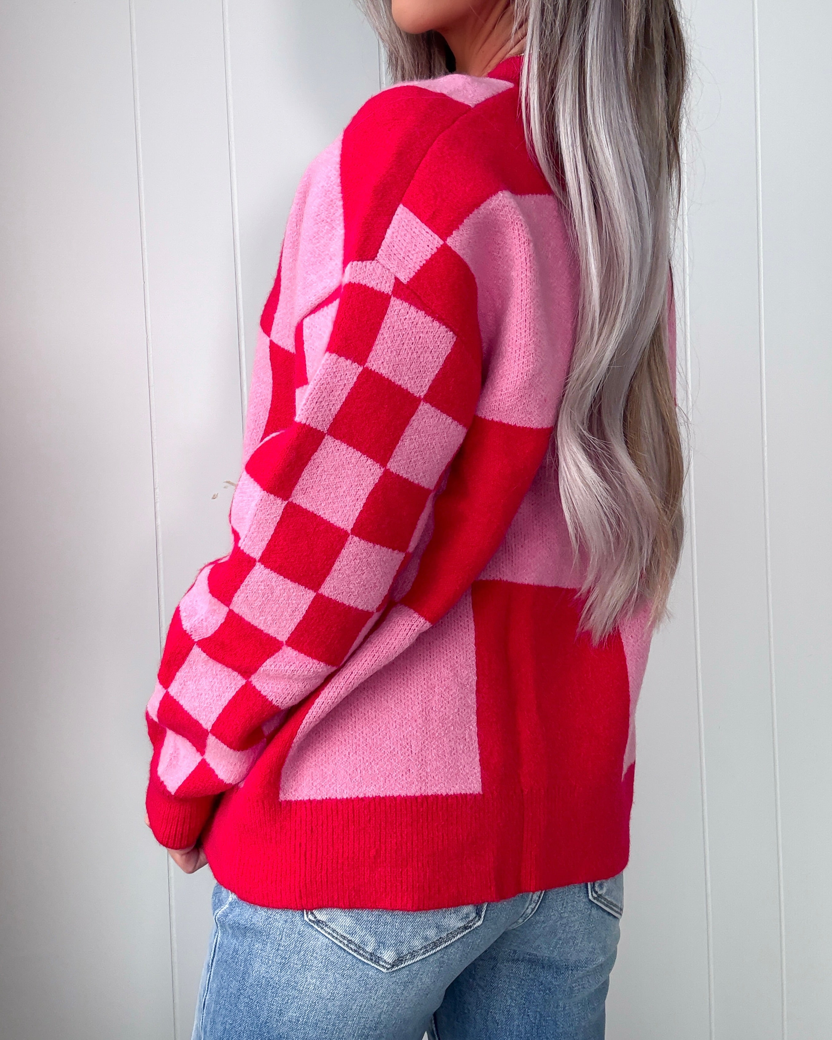 True Romance Checkered Cardigan - Red/Pink