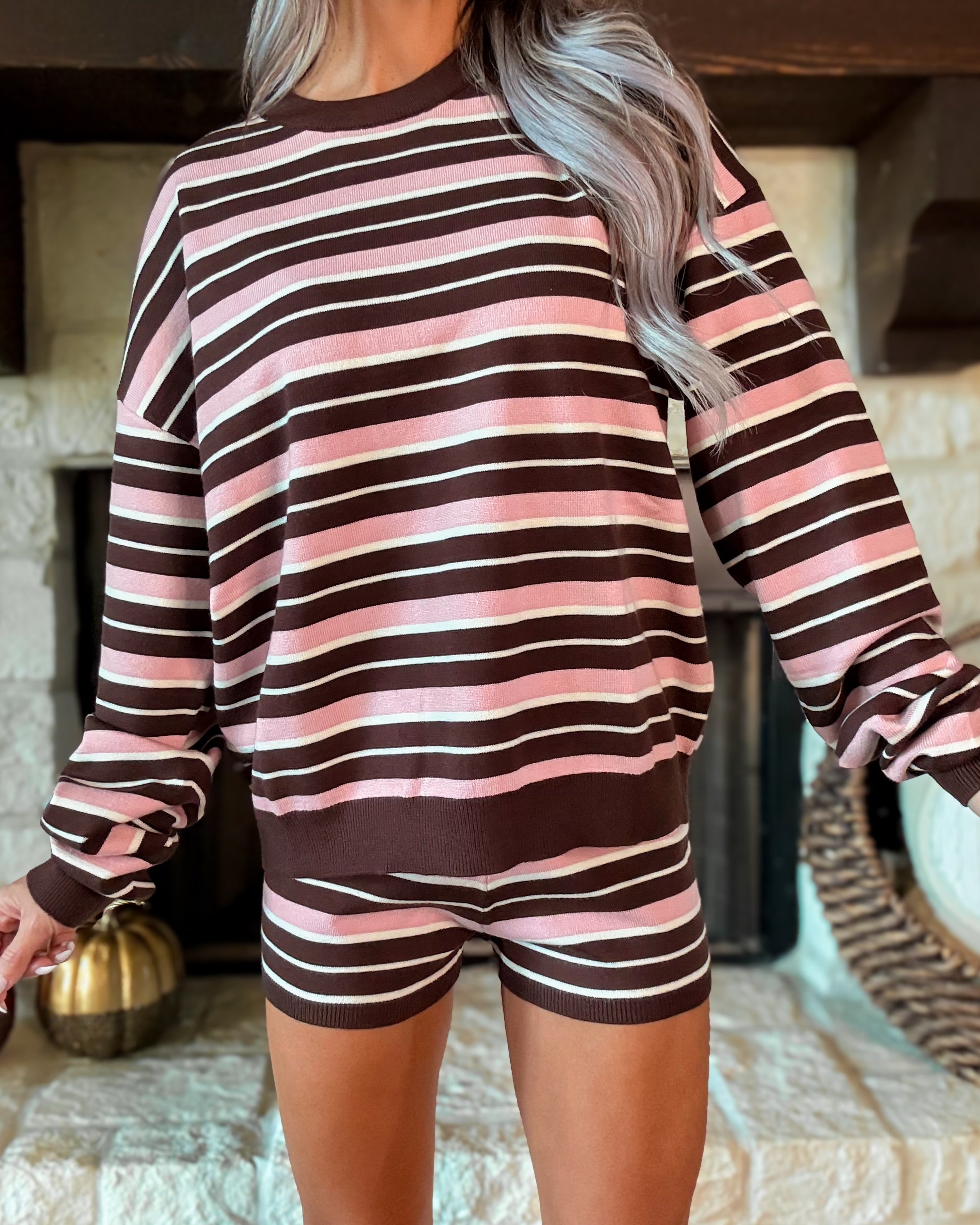 Little Escape Striped Boxy Long Sleeve Top - Light Pink