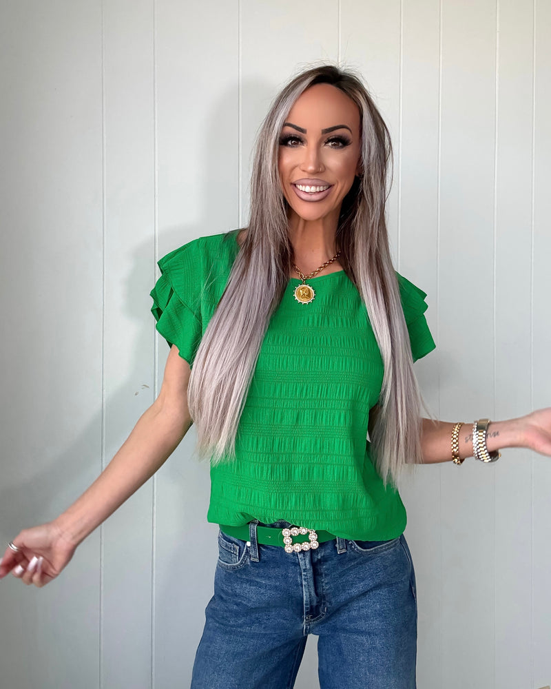 Textured Ruffle Sleeve Top - Kelly Green