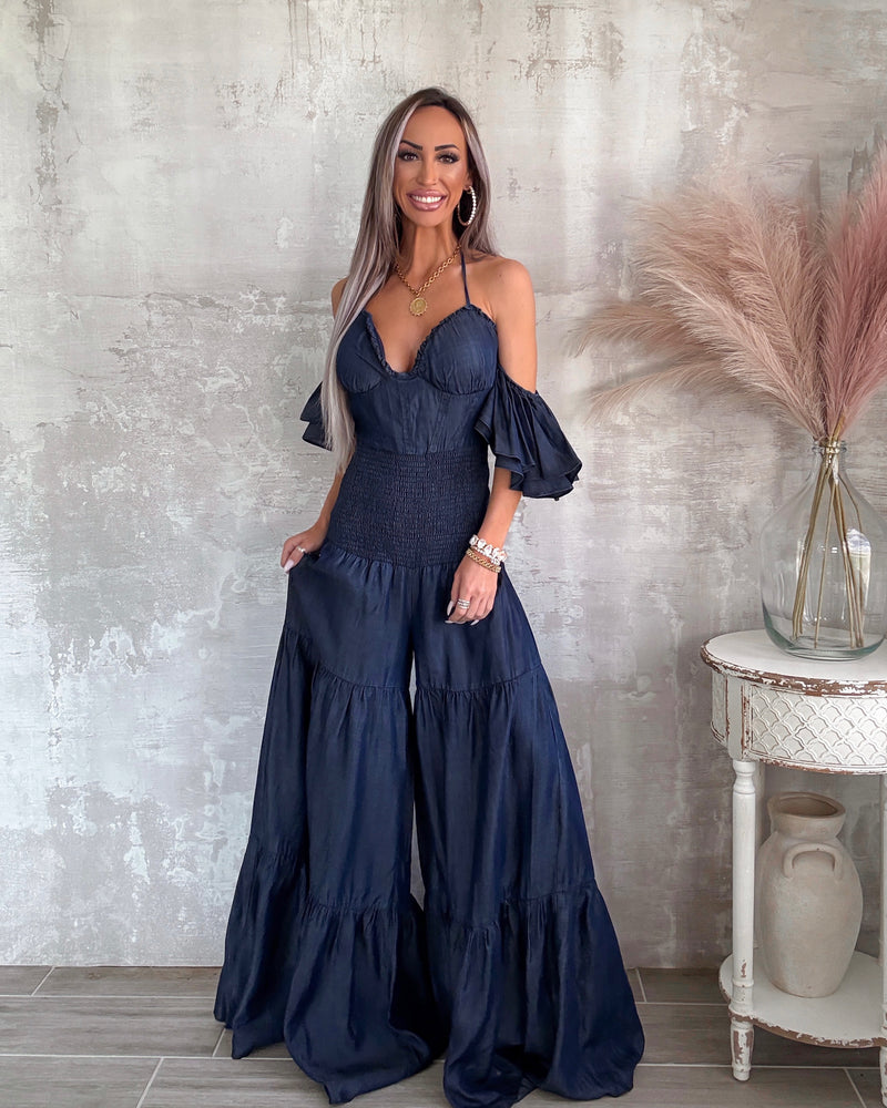 Flounce Affair Halter Jumpsuit - Dark Denim