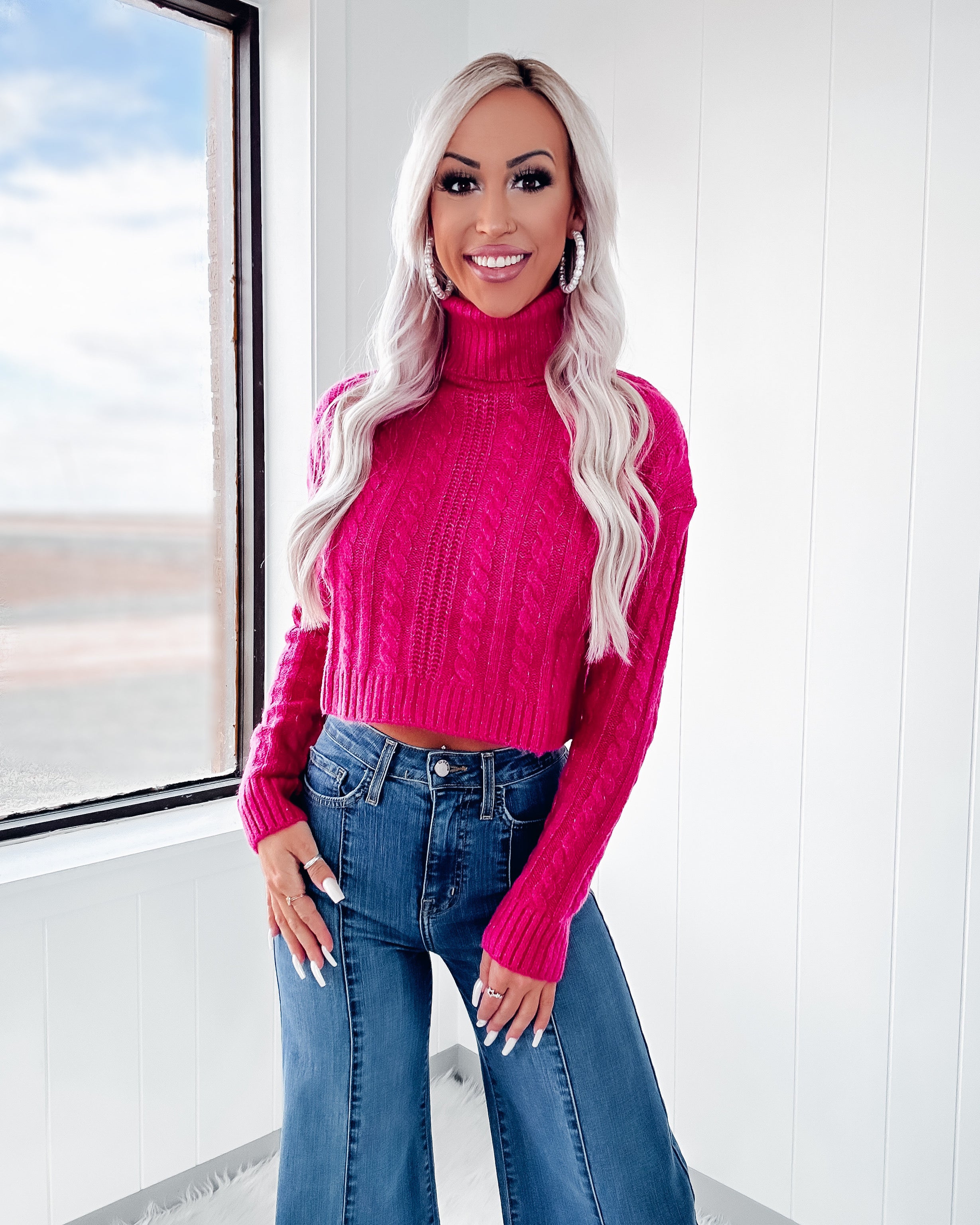 Tell Me More Cable Knit Cropped Sweater - Fuchsia