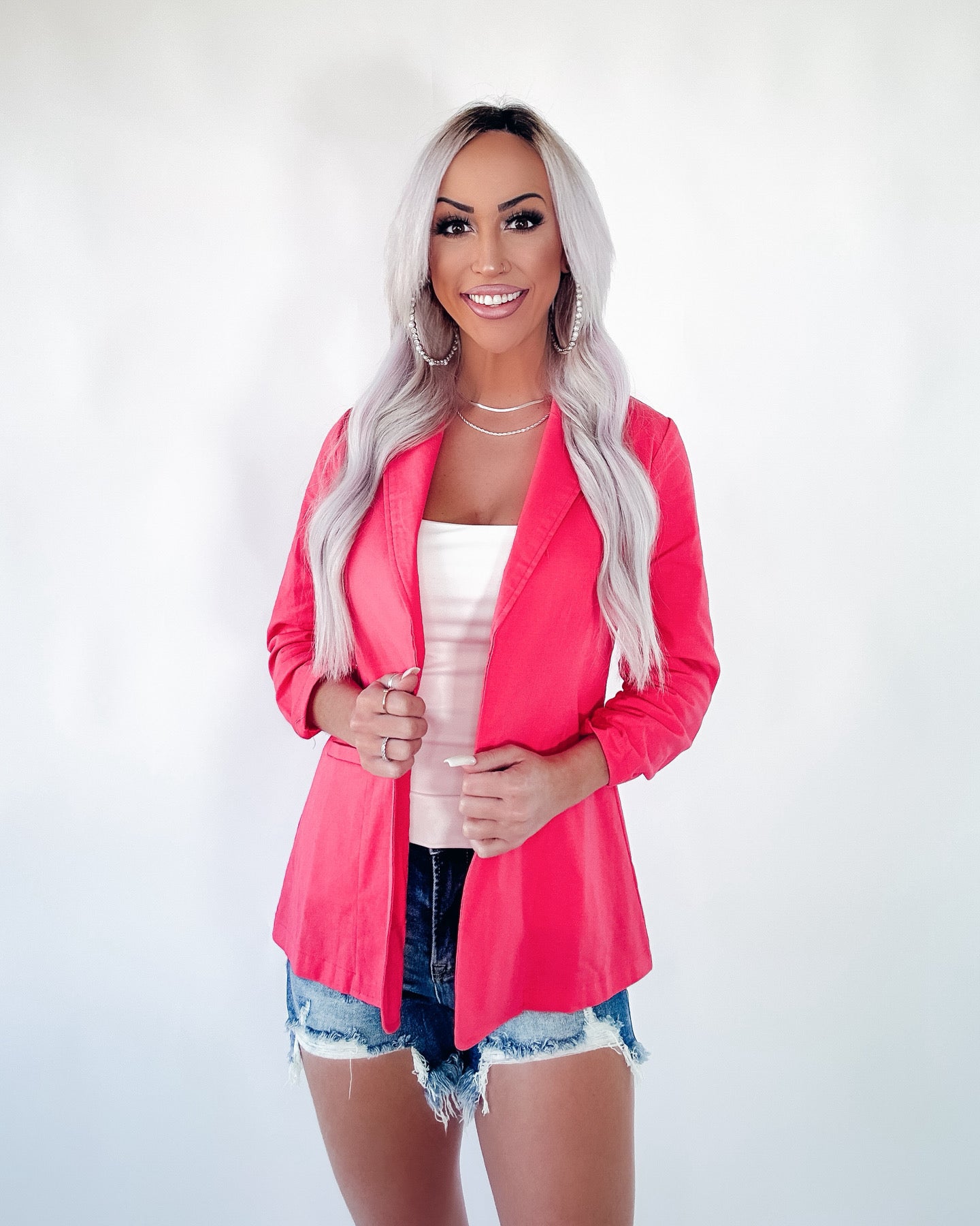 Central Avenue Ruched Sleeve Blazer - Coral
