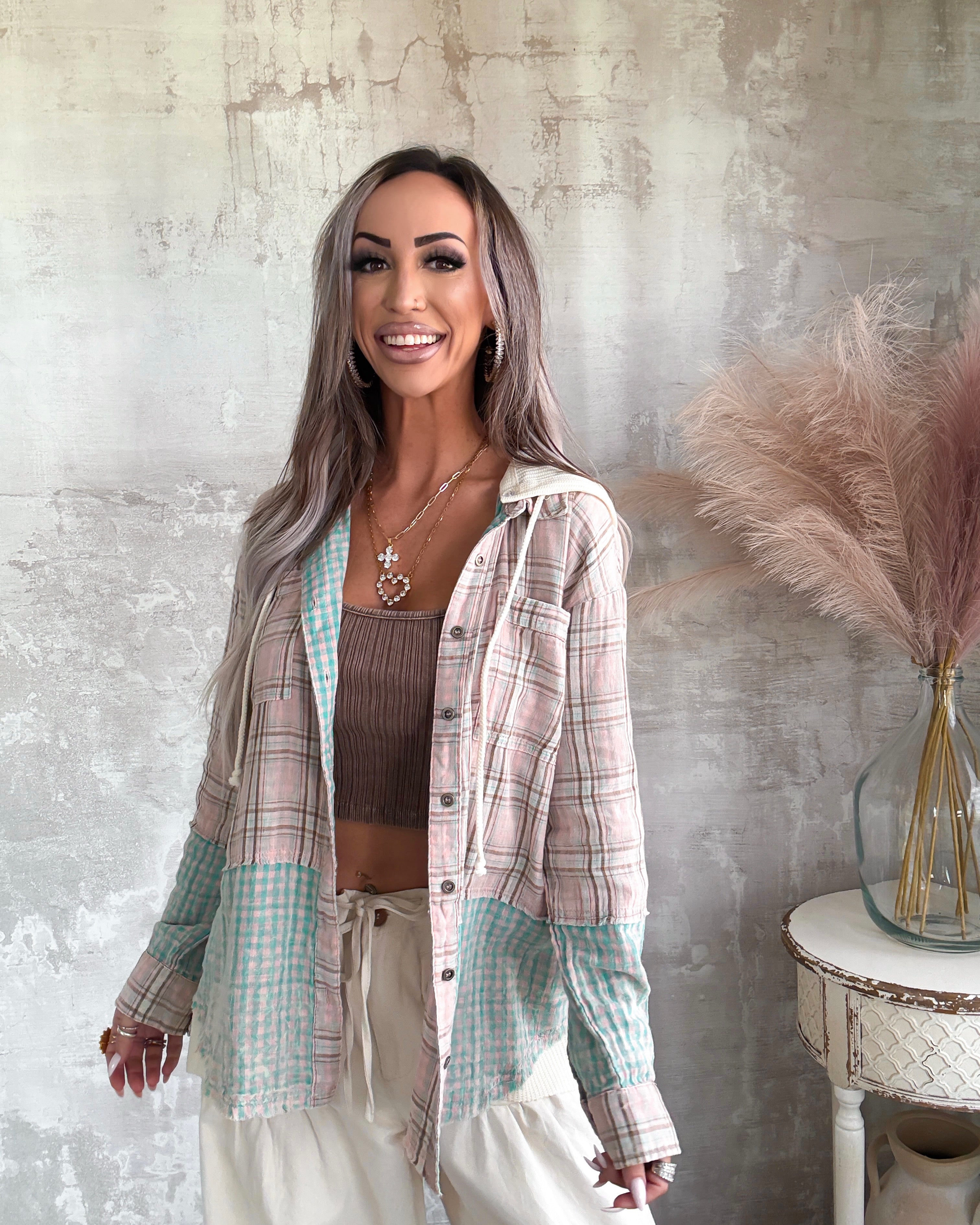 Neutral Mood Plaid Button Up - Washed Rose