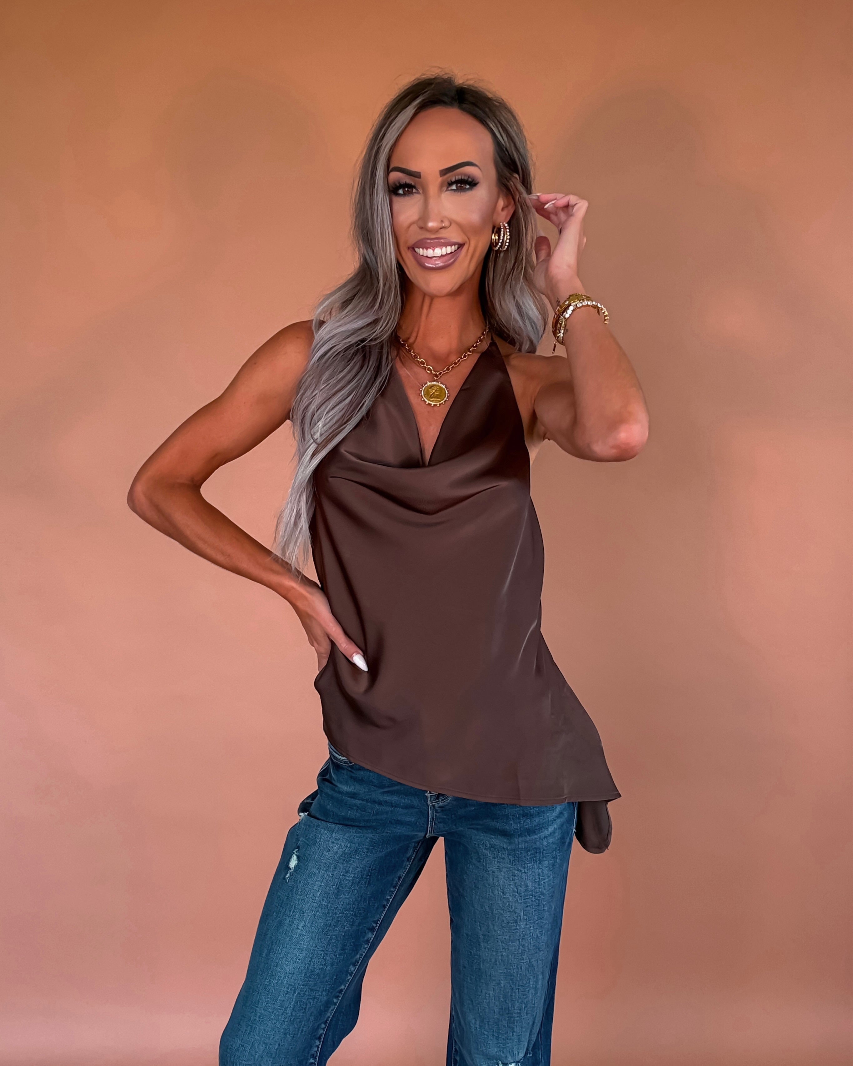 Espresso Afterglow Satin Cowl Neck Halter Top
