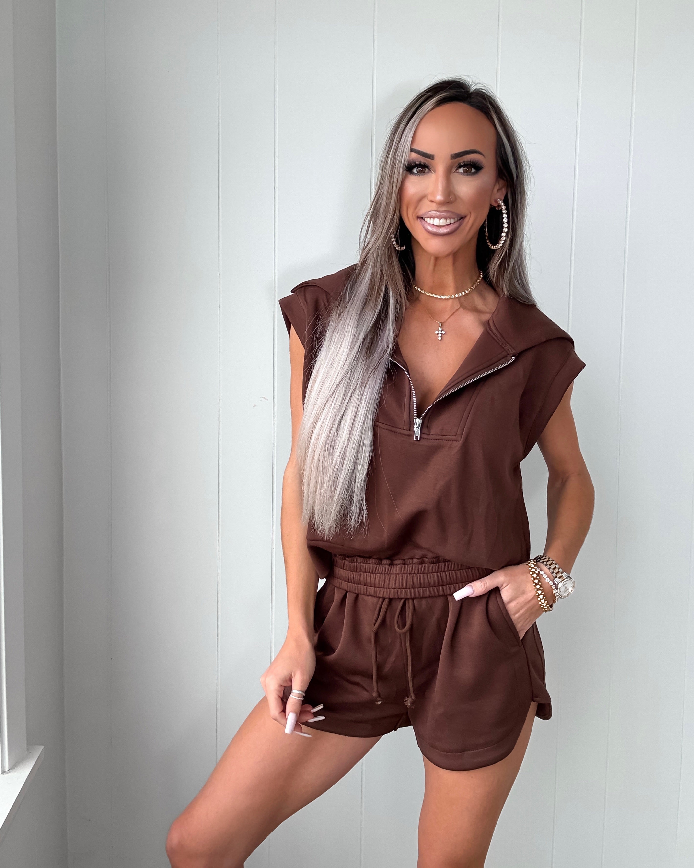 Blake Cropped Sweatshirt & Shorts Set - Chocolate
