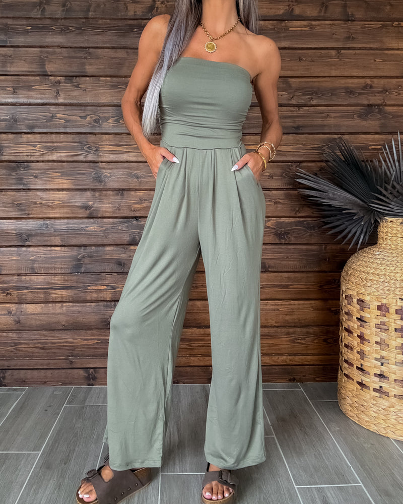 Easy Breezy Shirring Palazzo Jumpsuit - Olive