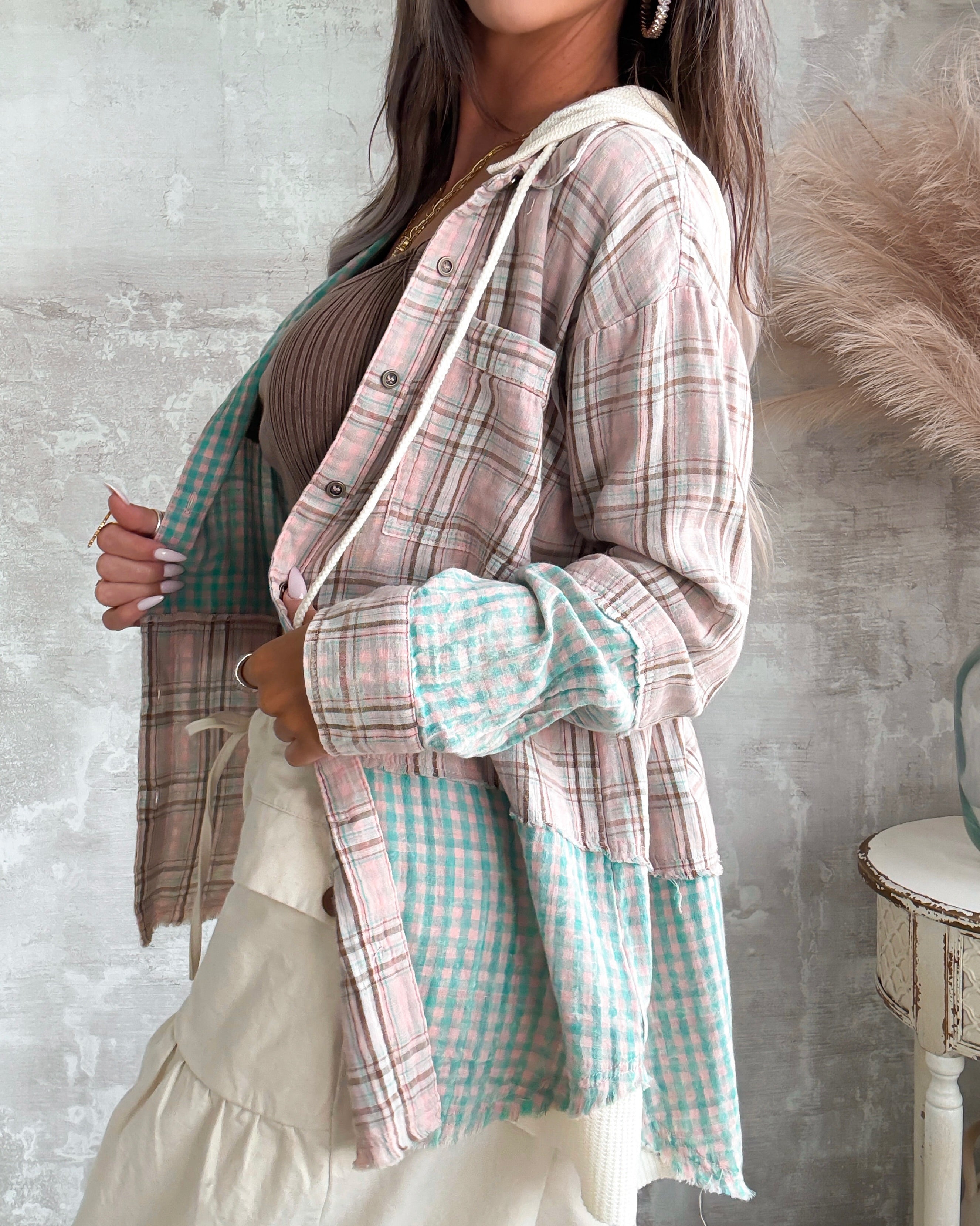Neutral Mood Plaid Button Up - Washed Rose