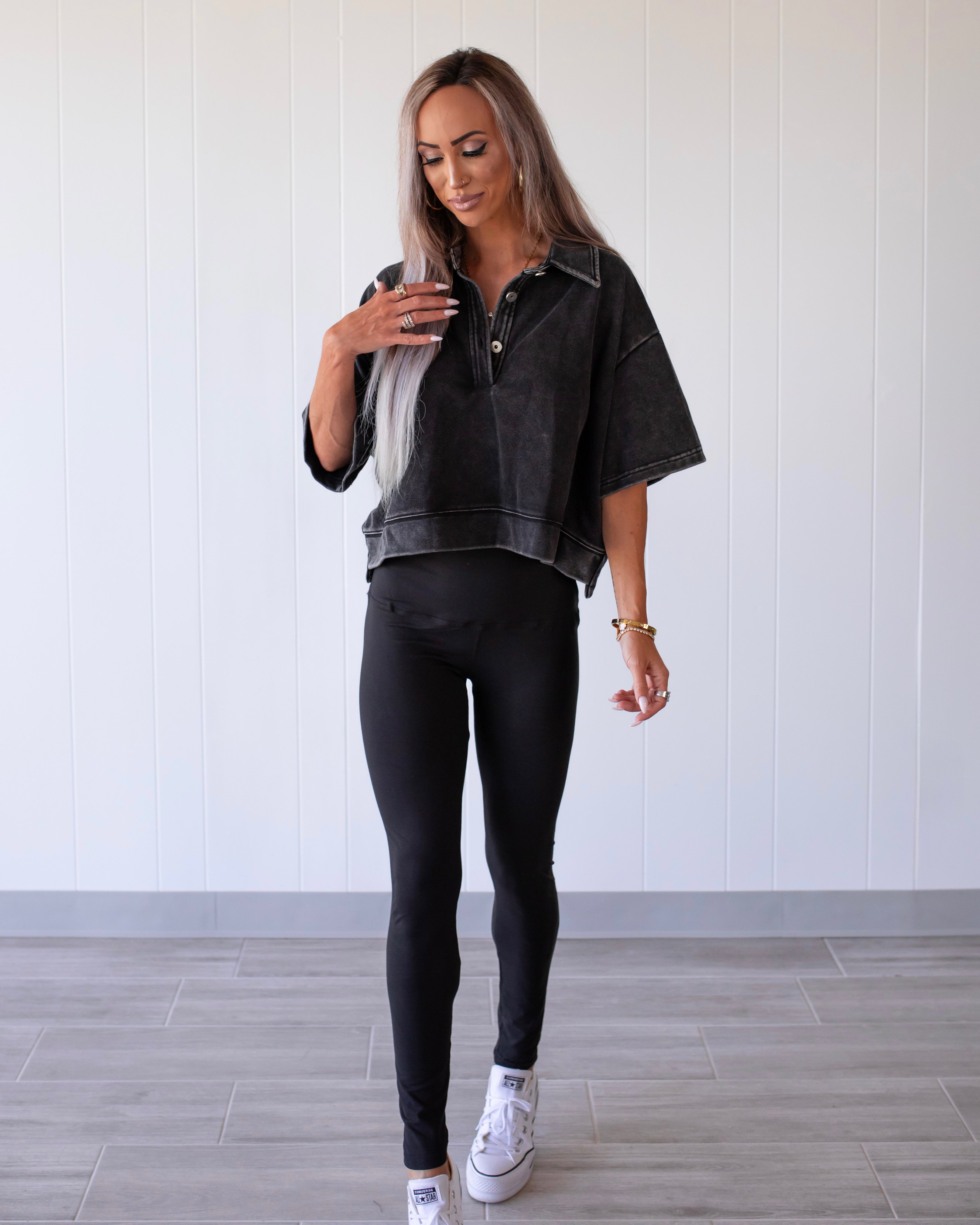 Modern Ease Cotton Terry Button Top - Black