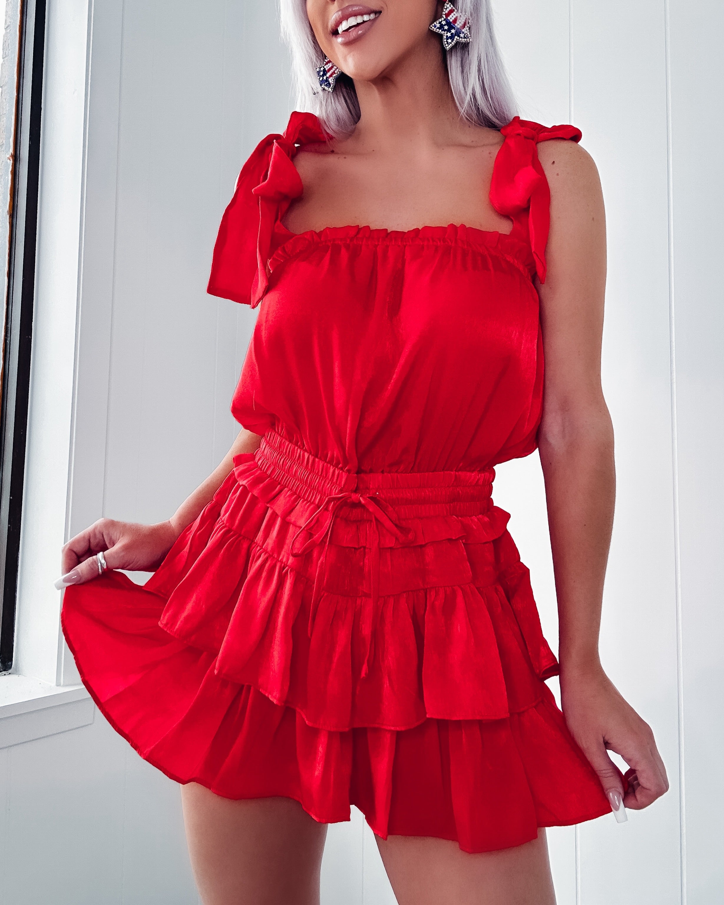 Sweet Valor Satin Ruffle Romper Dress - Red