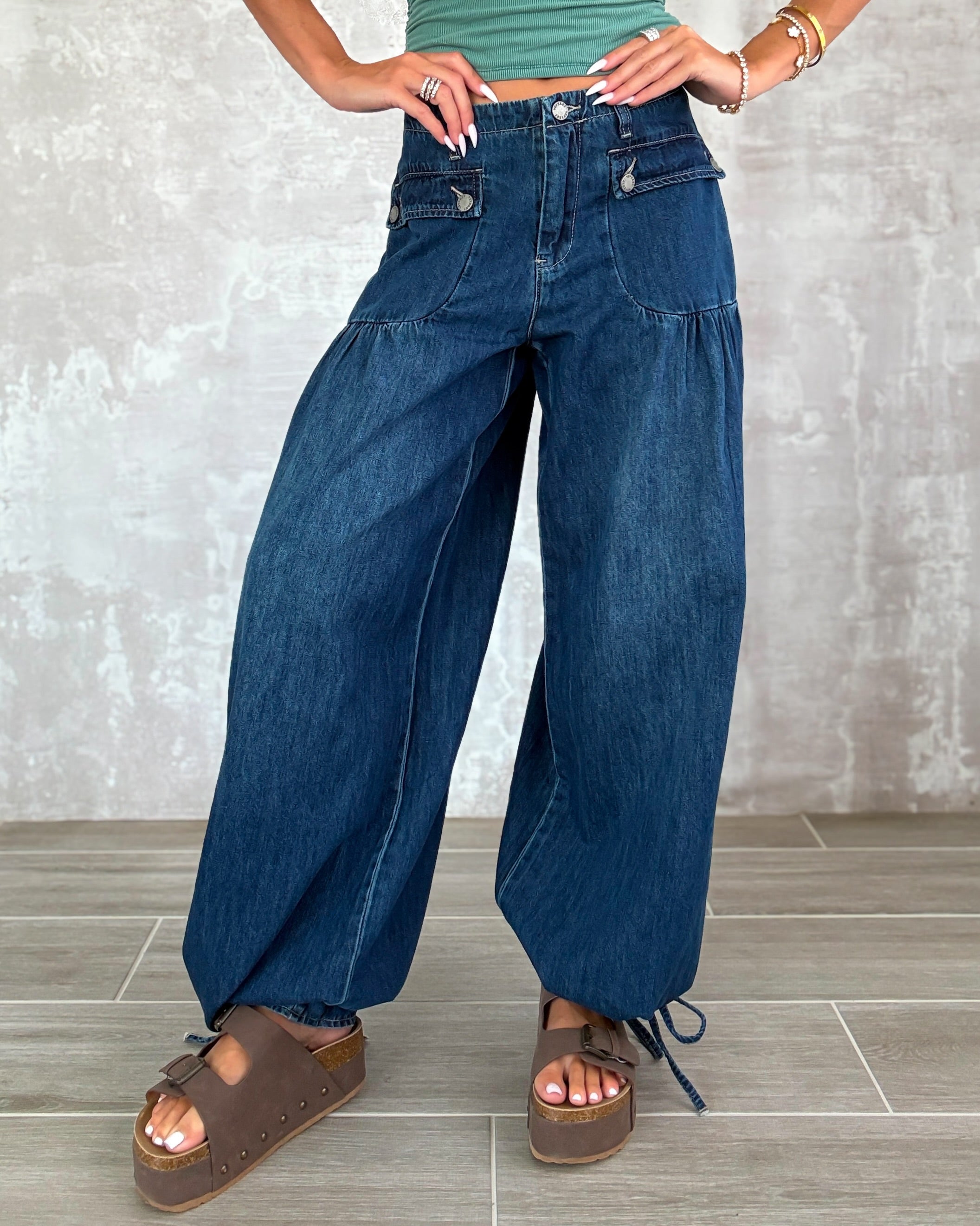 Denim Darling Ankle Drawstring Wide Pants - Dark Wash