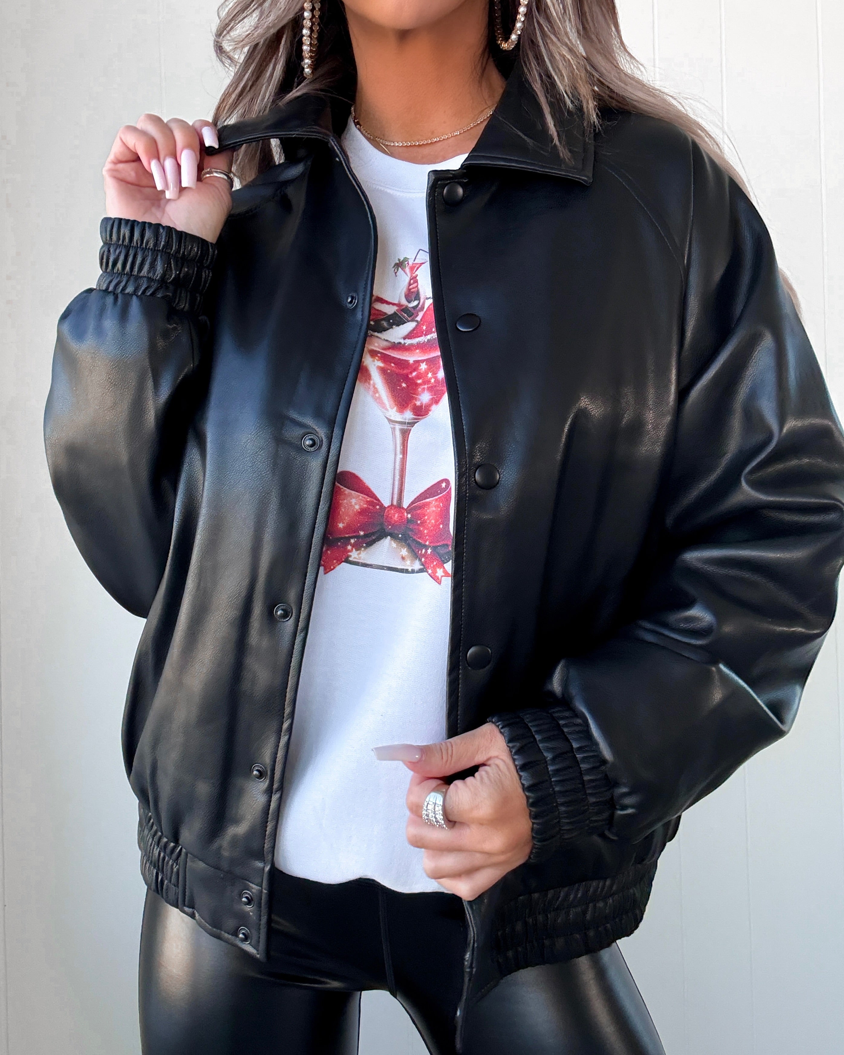 High Voltage Faux Leather Bomber Jacket - Black