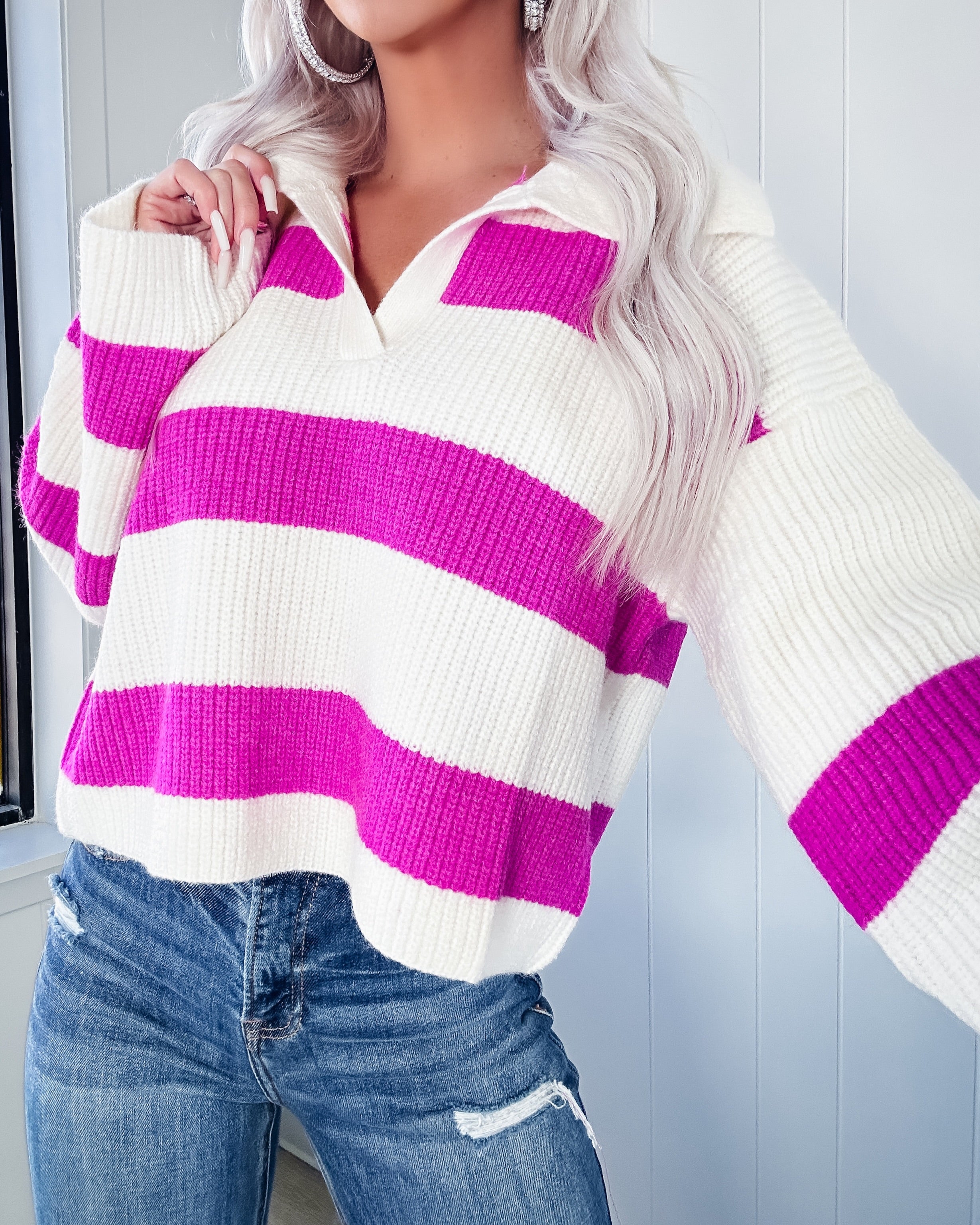 Always Fashionable Collared Crop Stiped Sweater - Ivory/Fuchsia