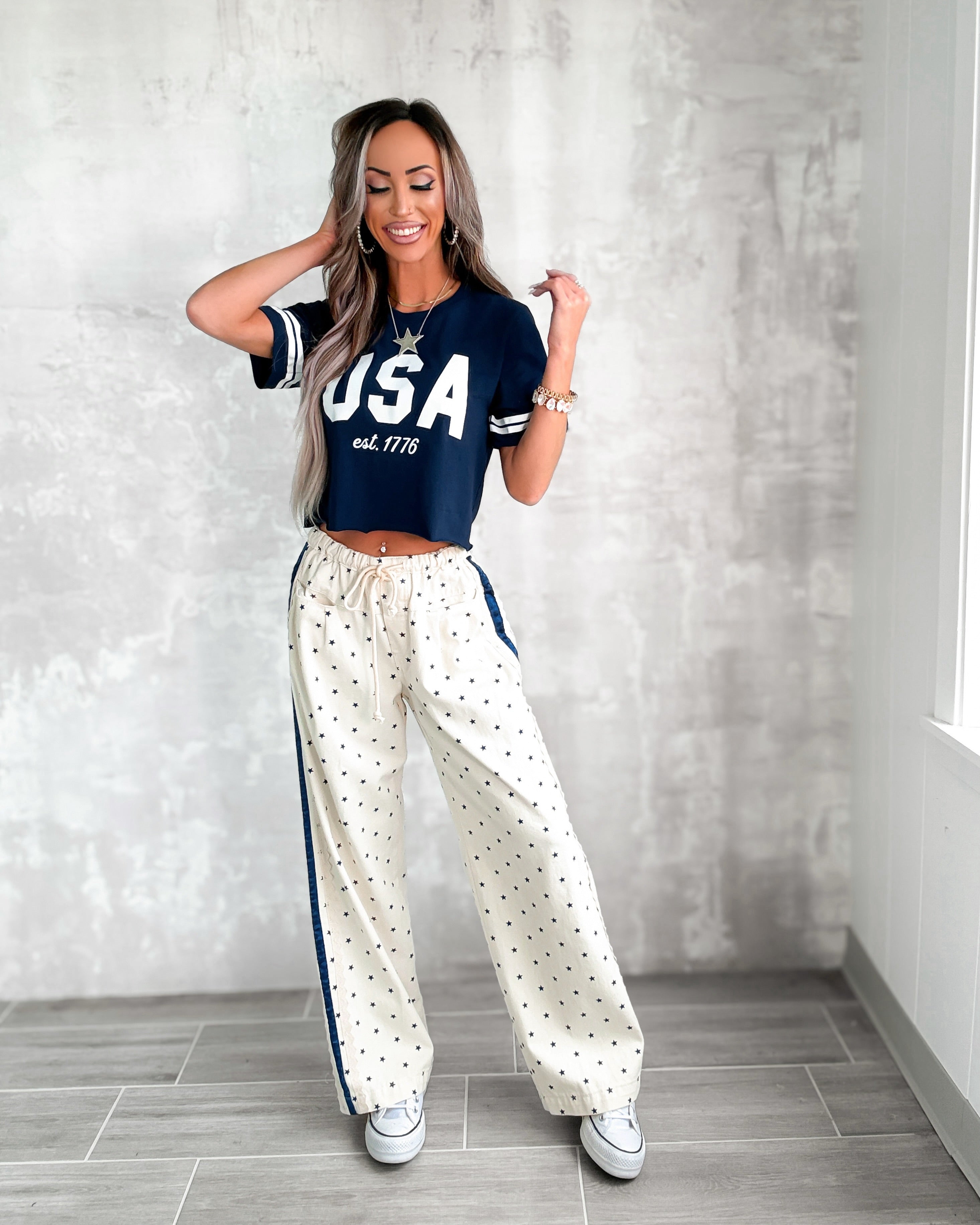 Patriotic Babe Star & Lace Pants - Cream