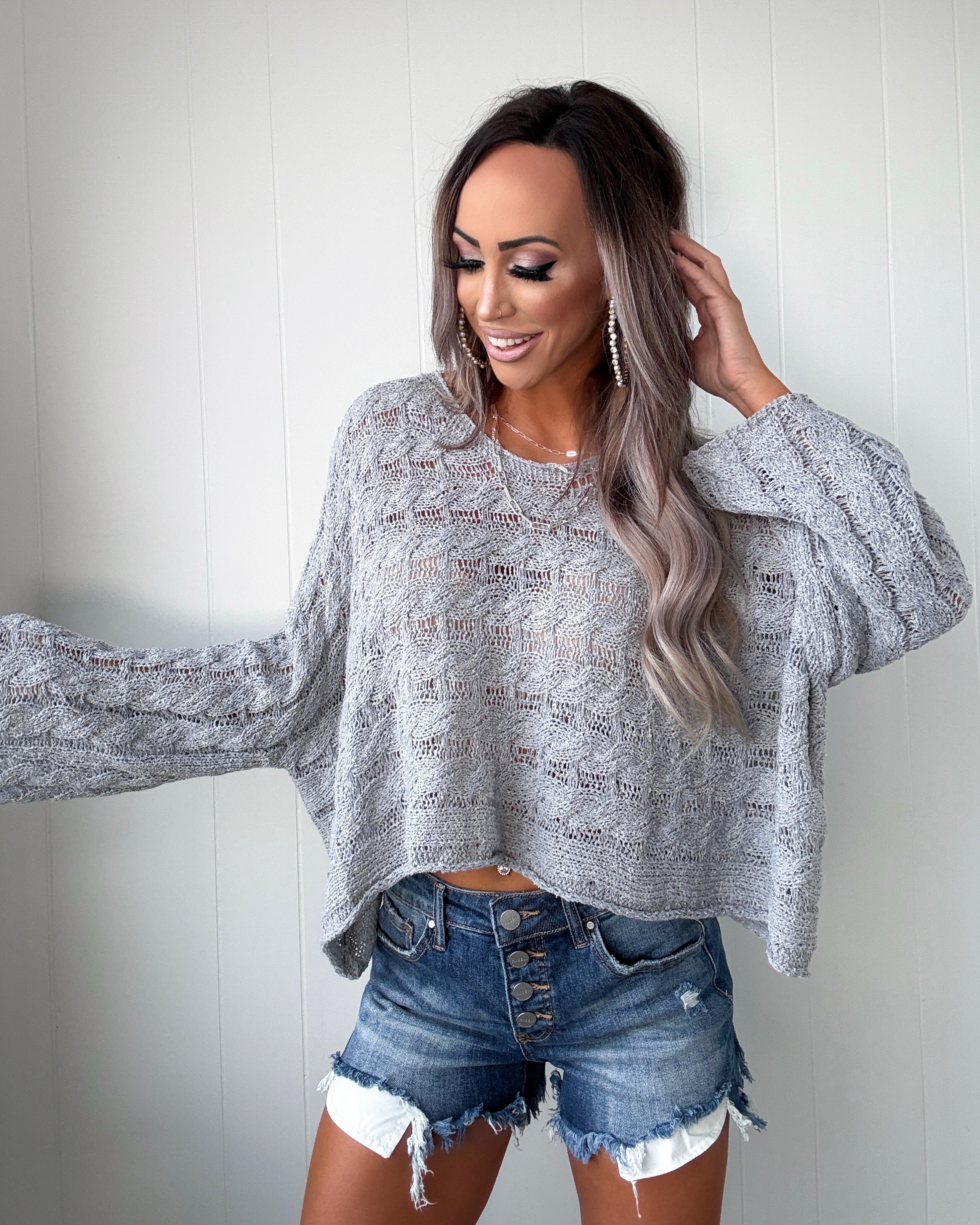 Woven Whimsy Cable Knit Sweater - Pale Grey