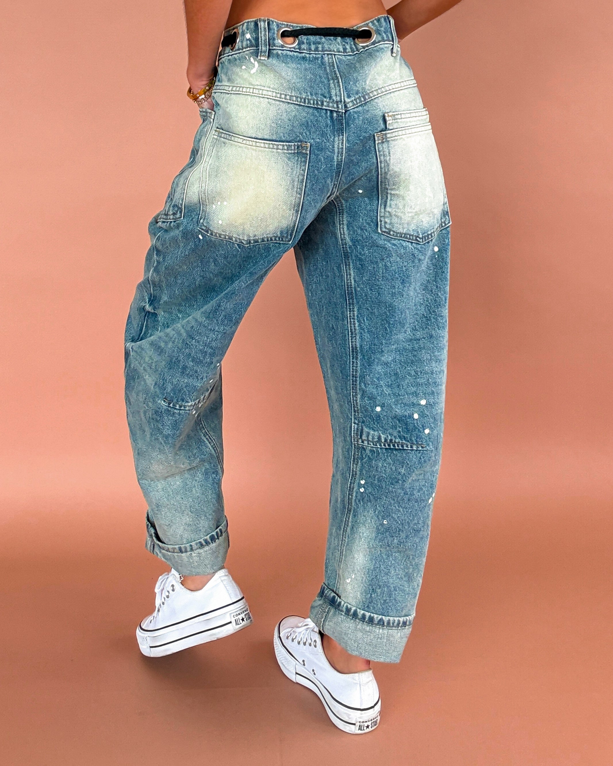 Maya Splattered Barrel Jeans - Medium Wash