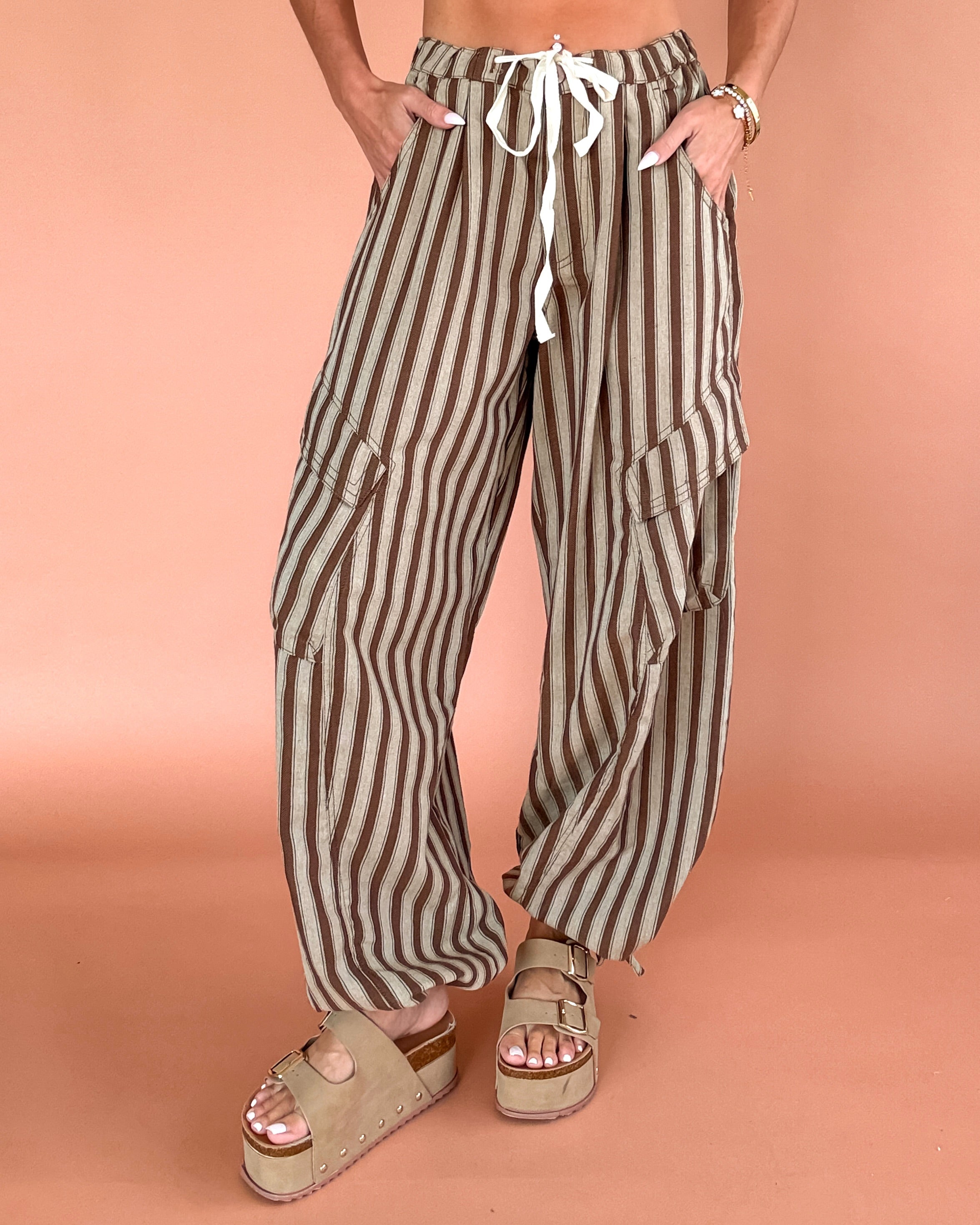 Chic Cargo Striped Wide Leg Pants - Taupe