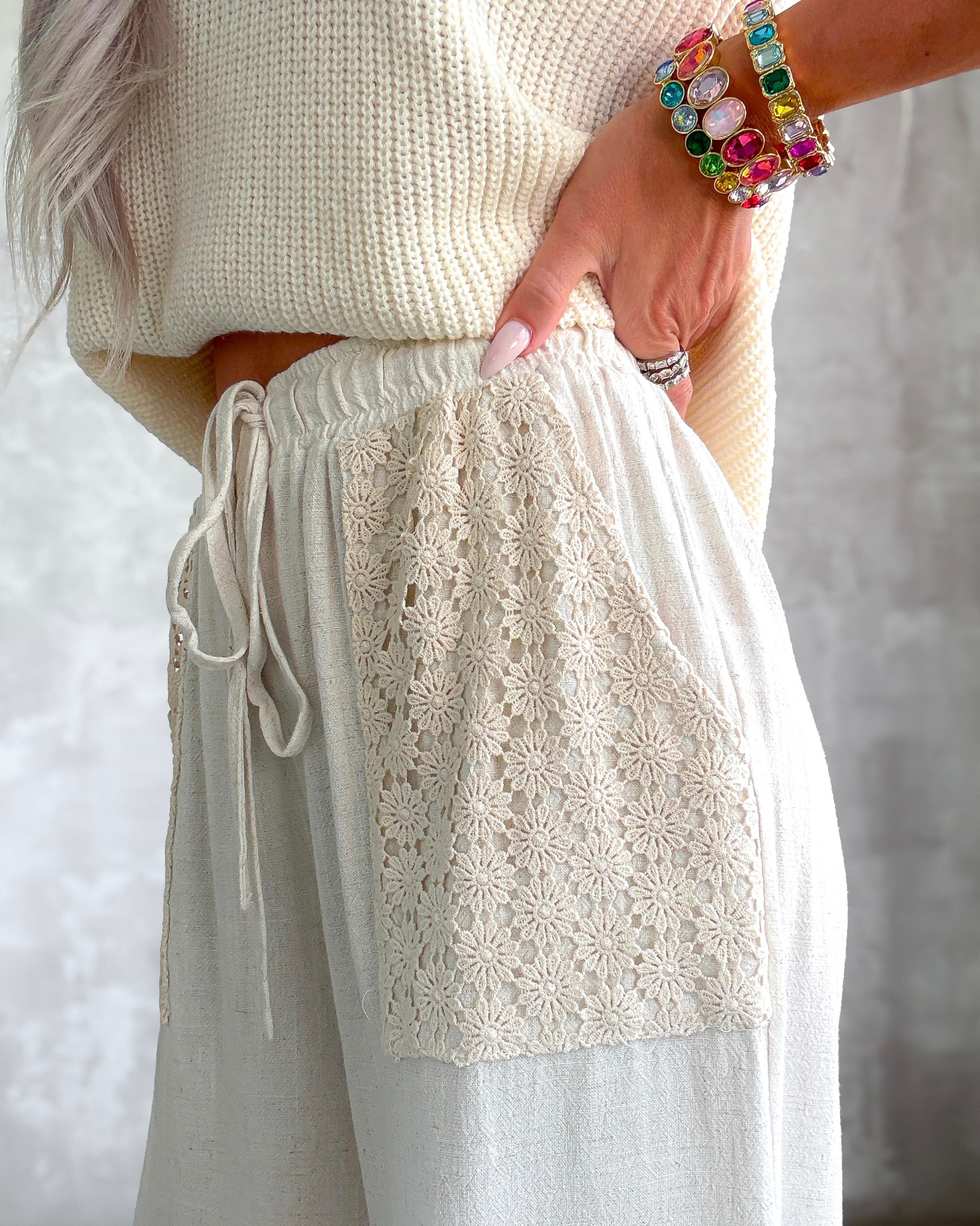Coastal Linen Crochet Wide Leg Pants - Natural
