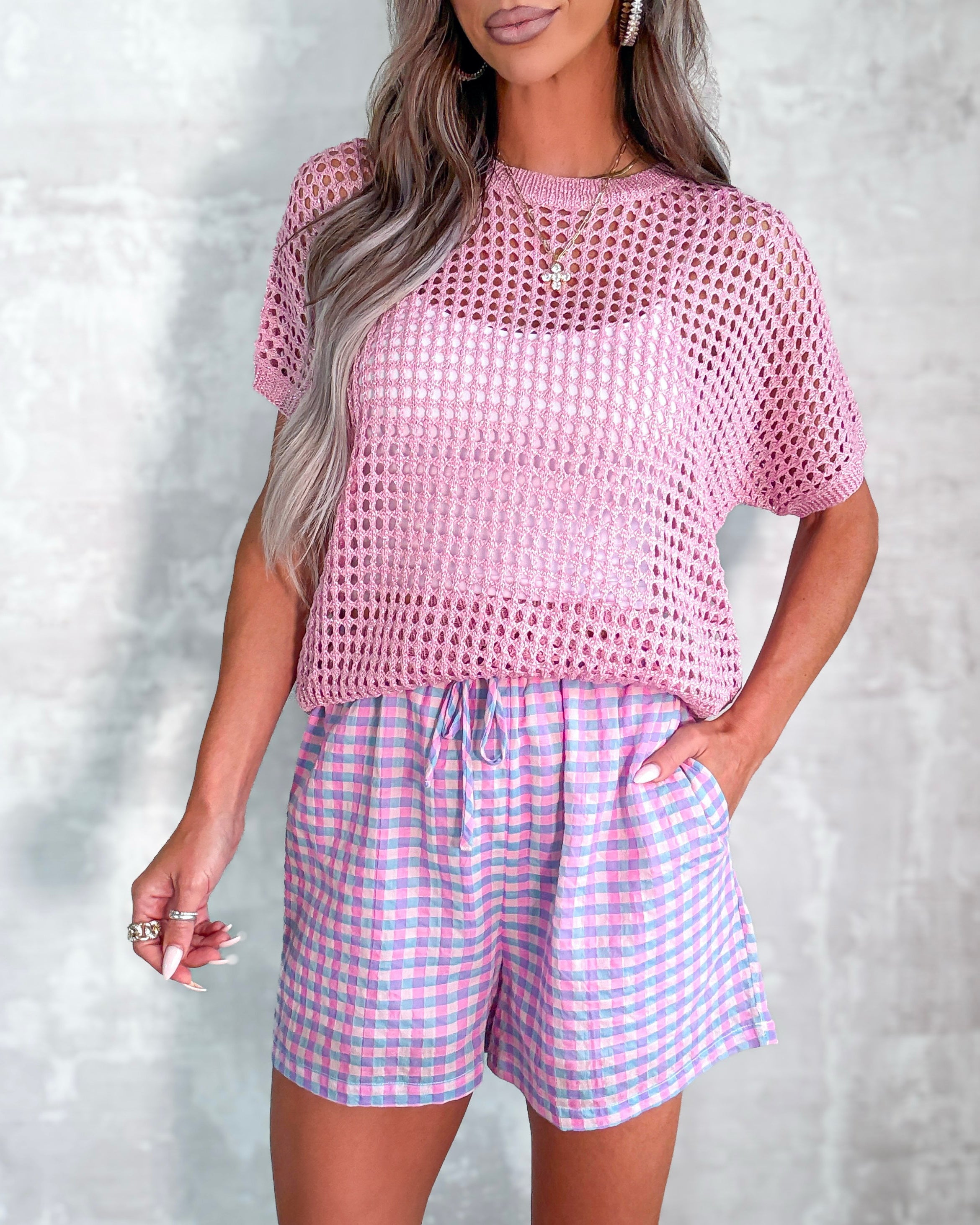 Open Weave Crochet Top - Pink/Silver