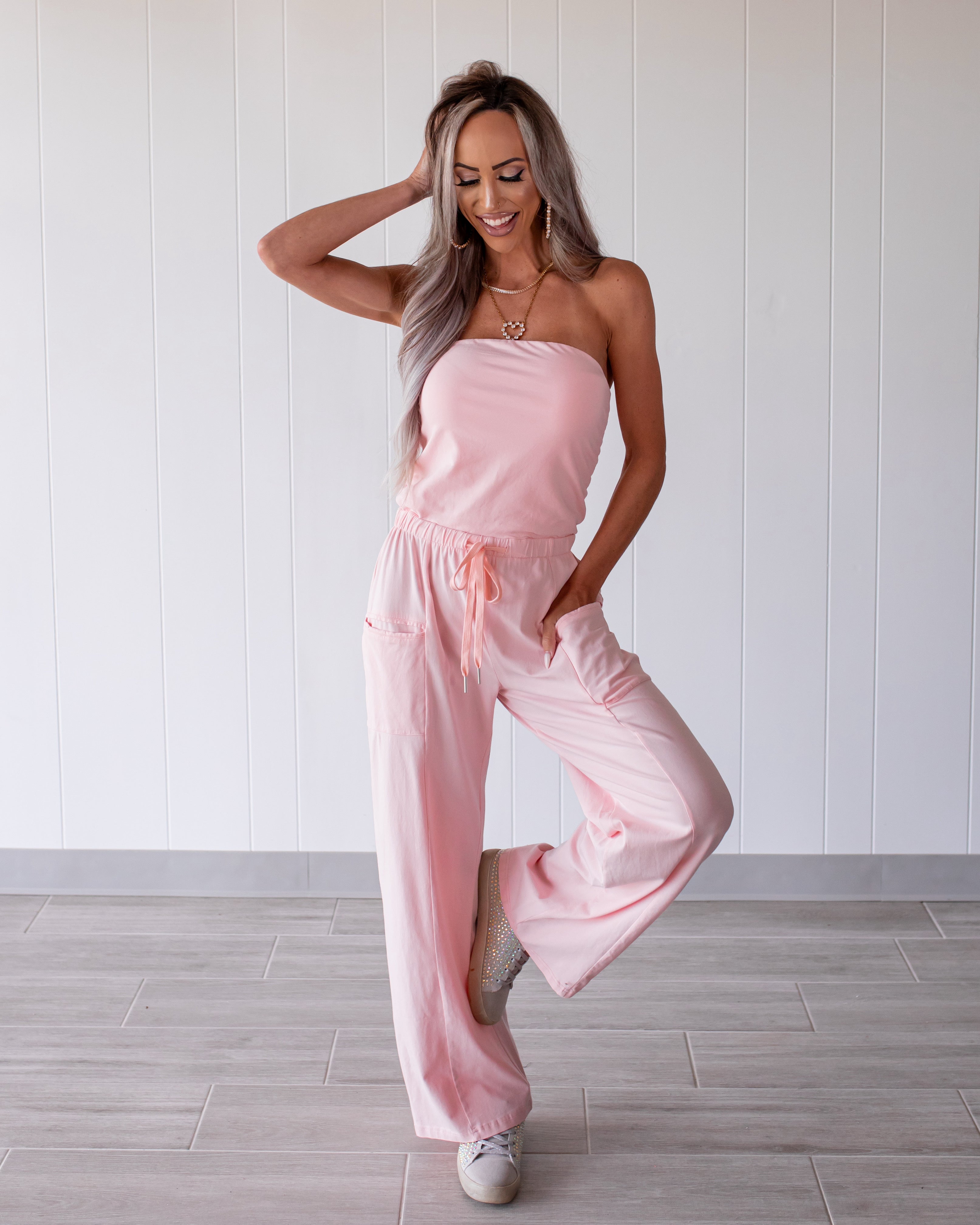 Pretty in Pink Tie Wide Leg Jumpsuit- Light Pink