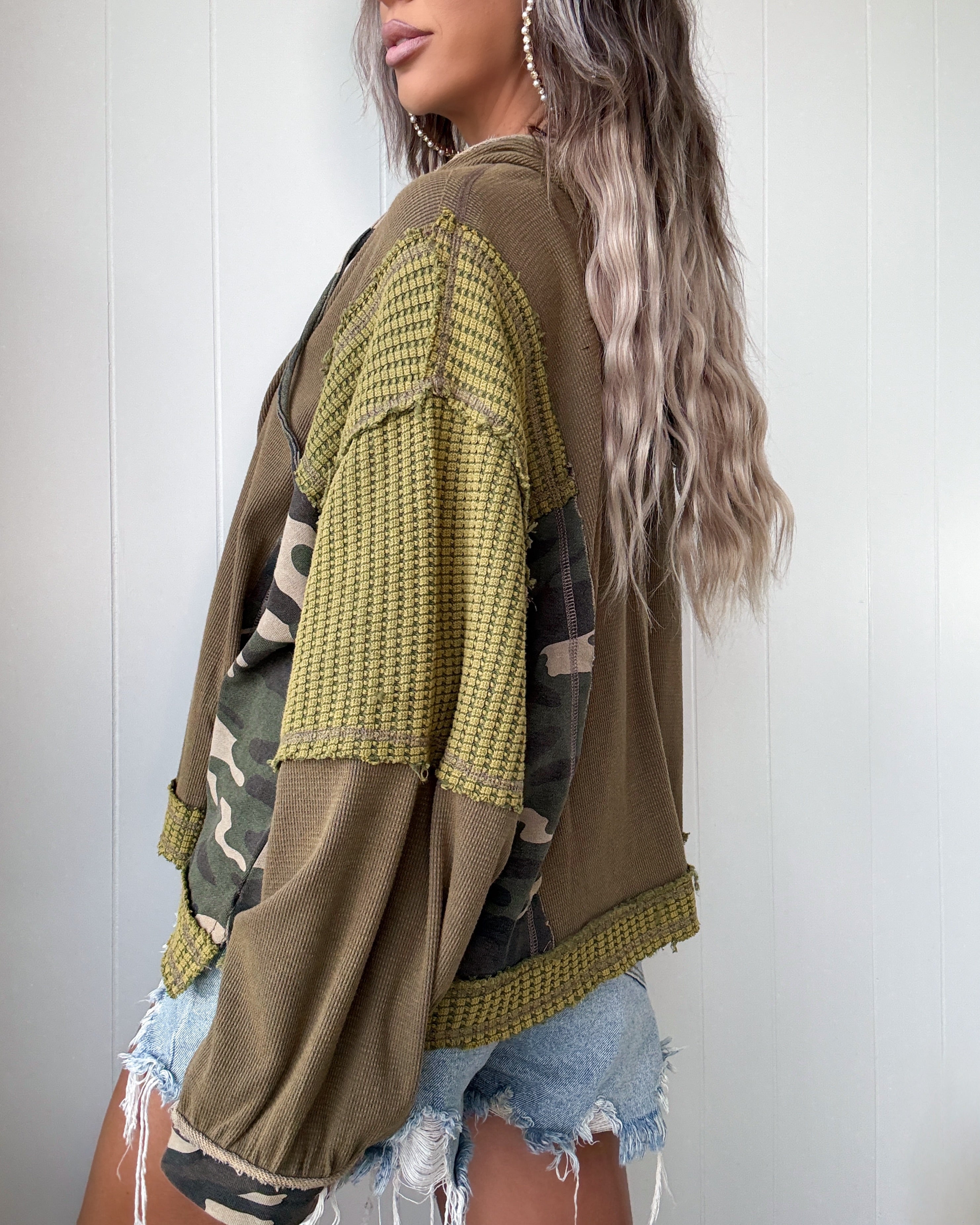 Waffle Camo Hooded Zip Up - Olive