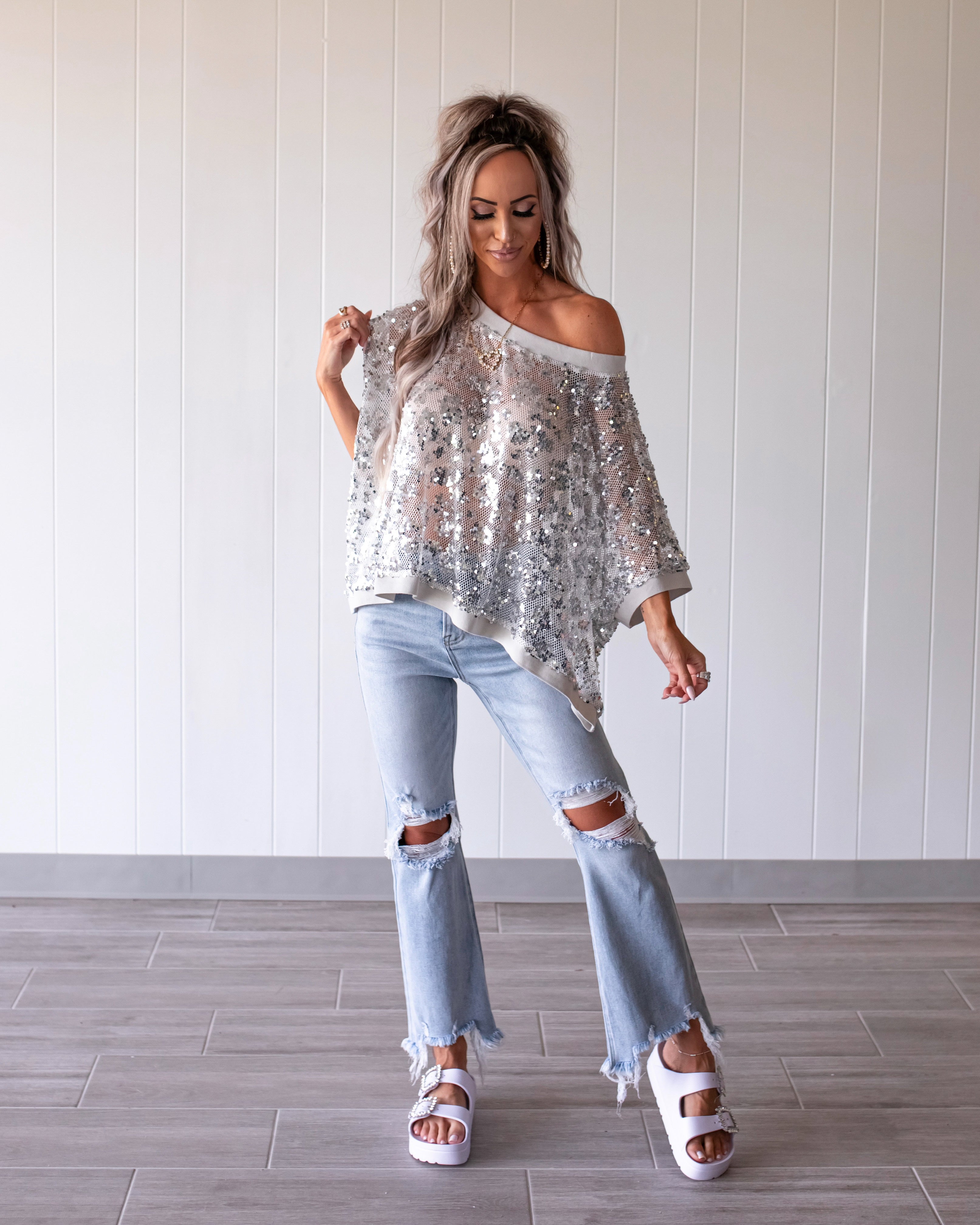 Disco Baby Metallic Sequin Mesh Top - Silver