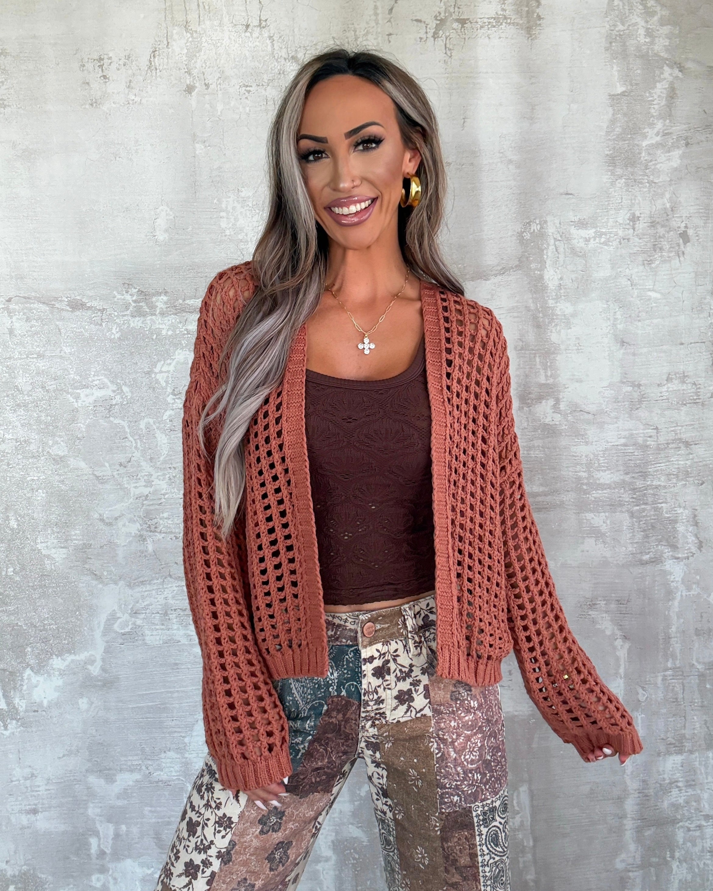 Harvest Honey Crochet Sweater - Clay