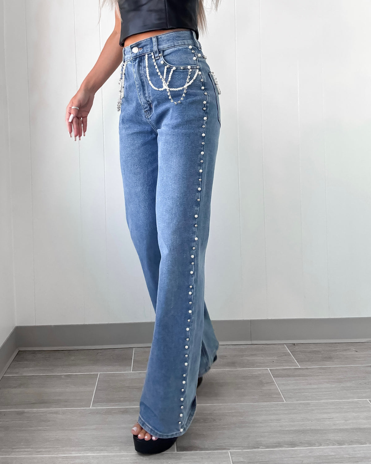 Shania Pearl & Rhinestone Jeans - Medium Wash | Bar T Boutique LLC