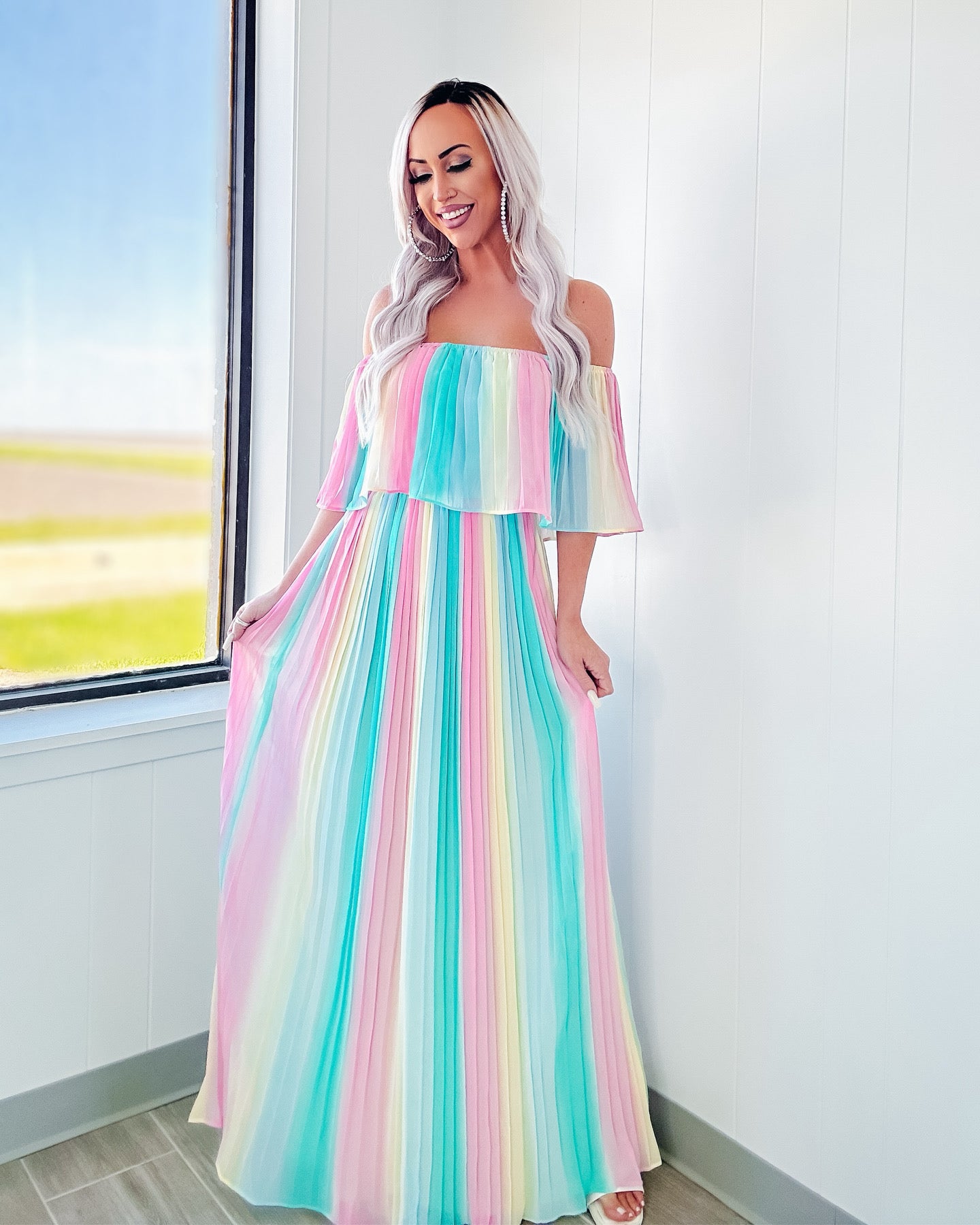 Spring Soiree Pleated Off Shoulder Maxi Dress - Multi Color