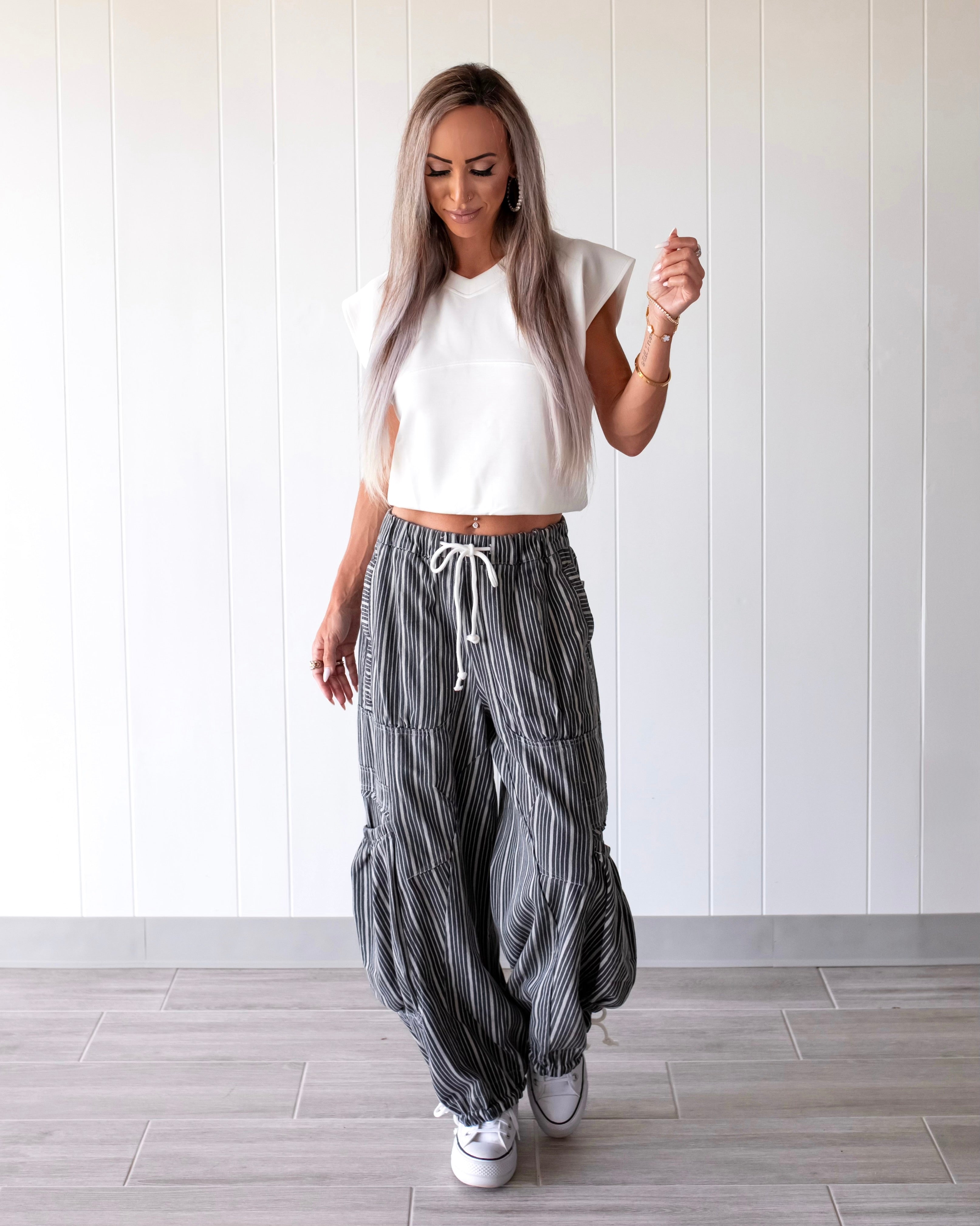 Chasing Clouds Striped Parachute Pants - Charcoal