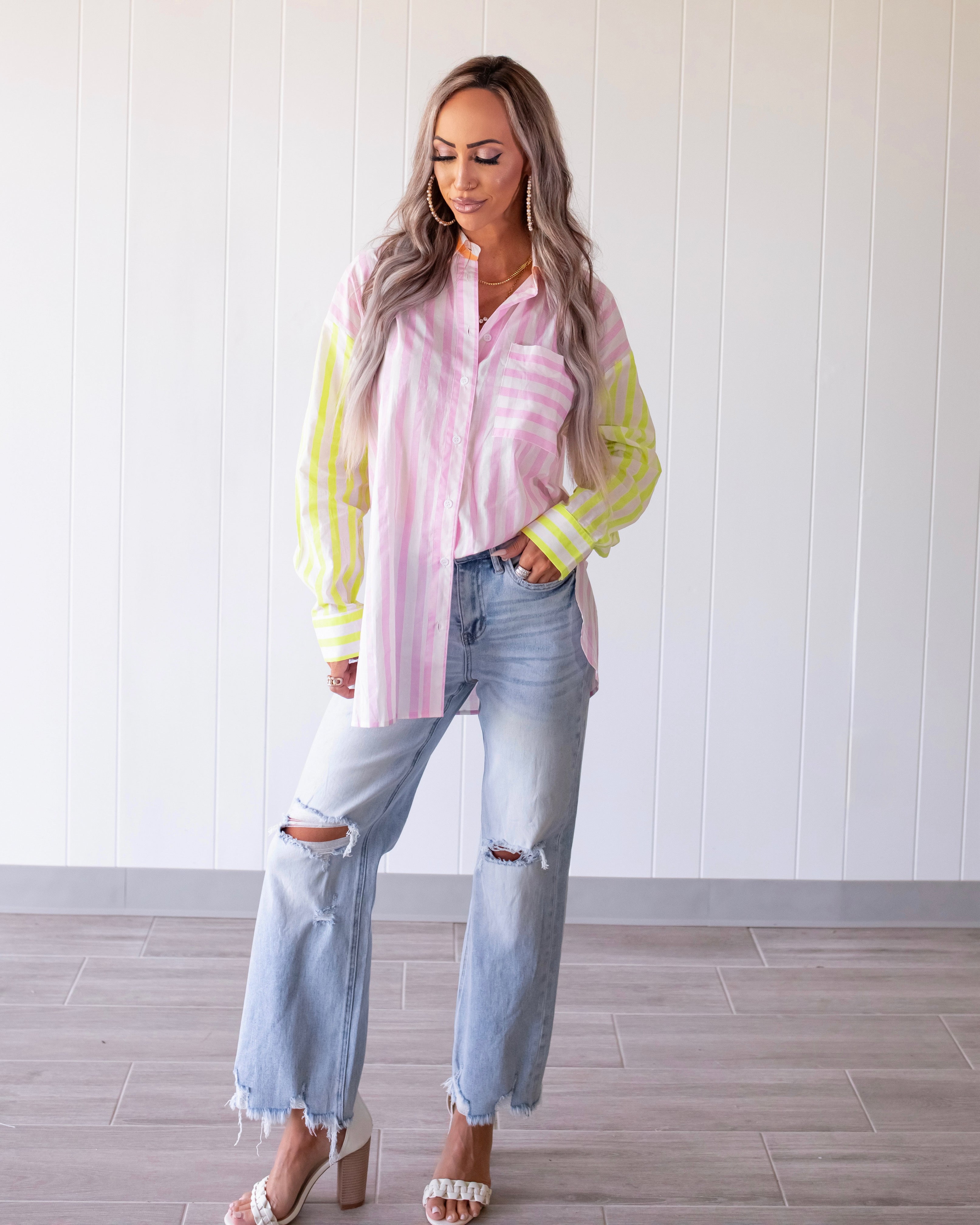 Color Theory Button Down Top - Sherbert