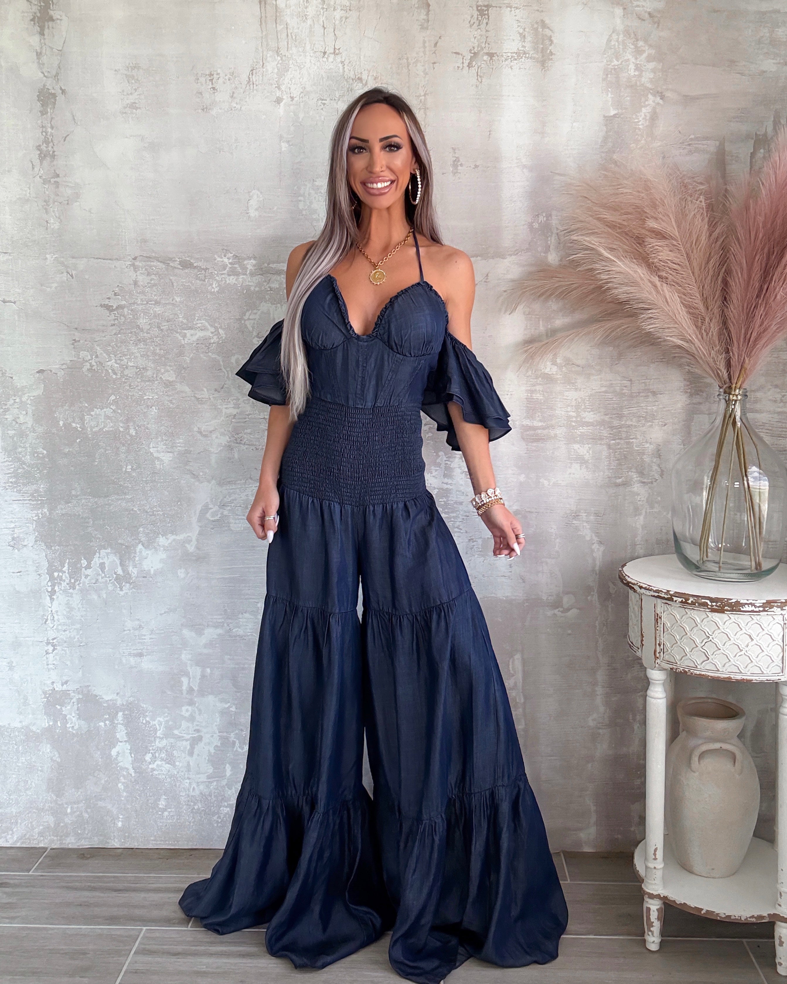 Flounce Affair Halter Jumpsuit - Dark Denim