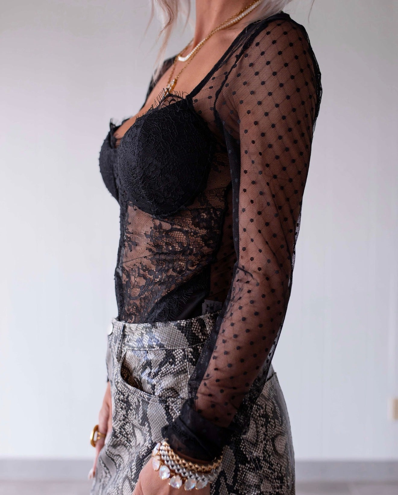 Swiss Dot Mesh Long Sleeve Bodysuit - Black