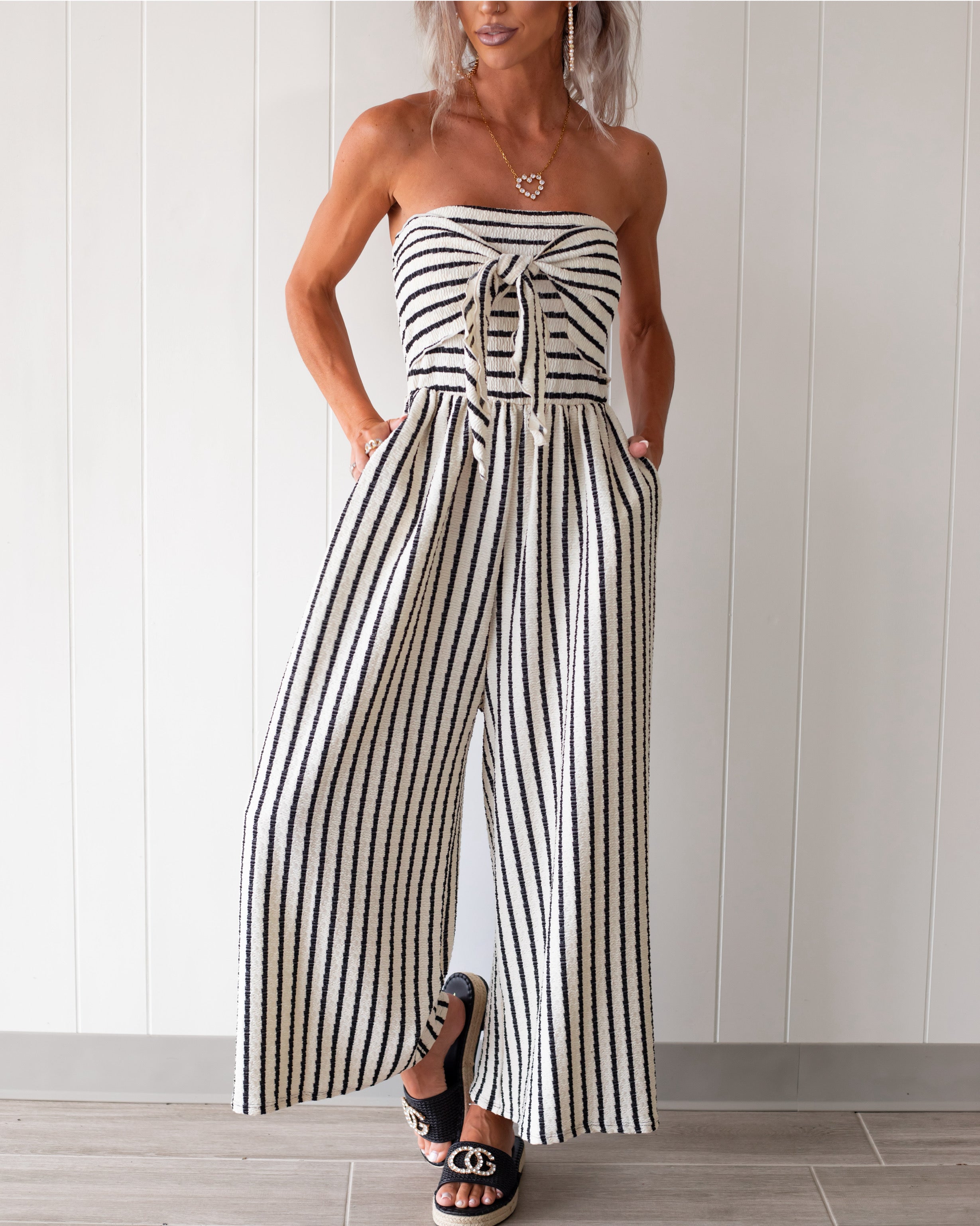 Knotted Up in Stripes Jumpsuit - White/Black