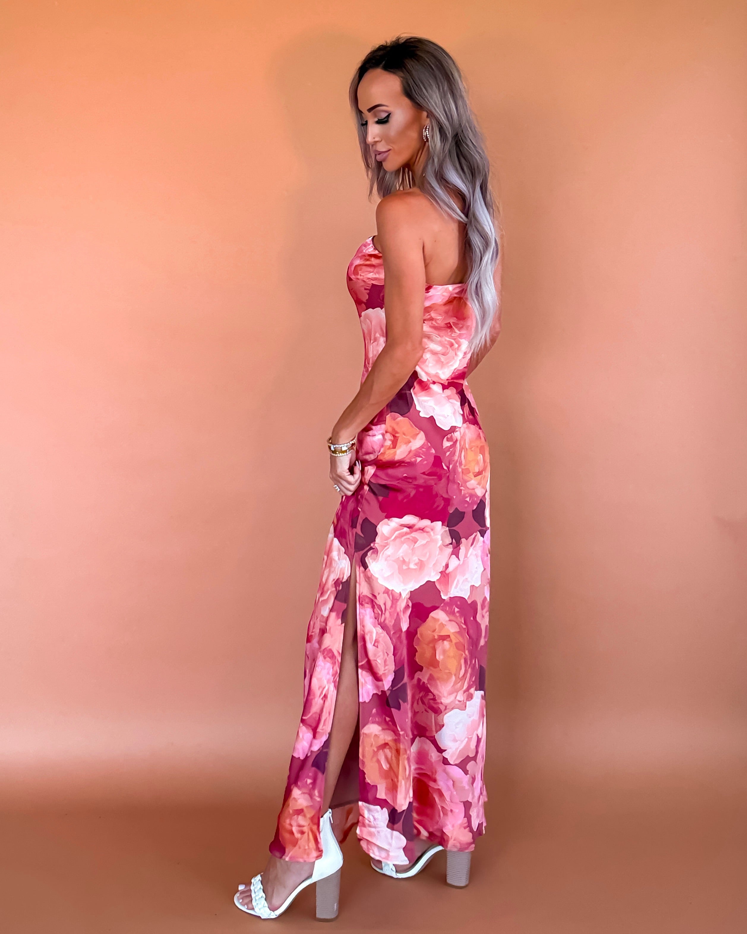 Rosy Harvest Floral Strapless Maxi Dress