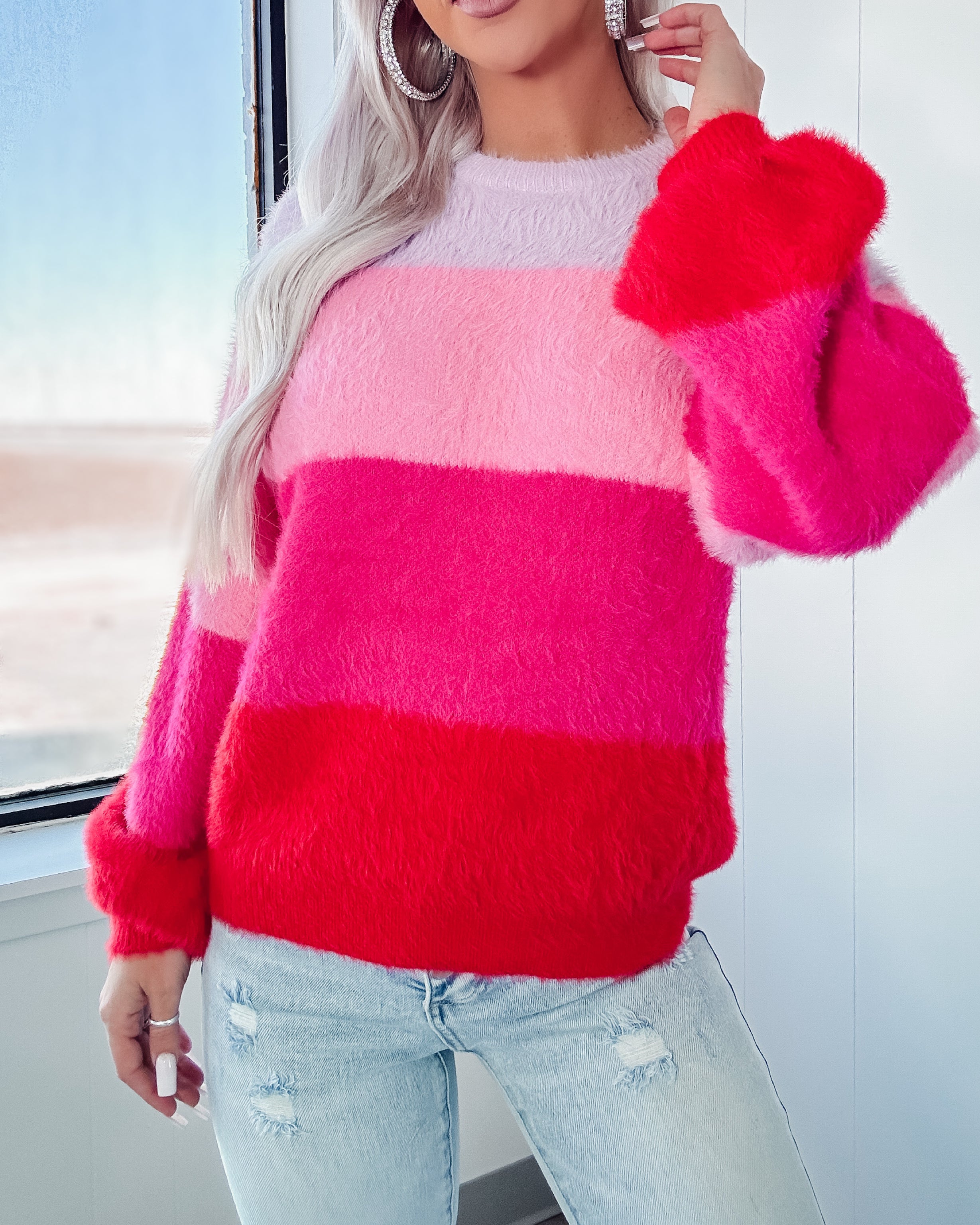 All This Love Eyelash Colorblock Sweater - Pink