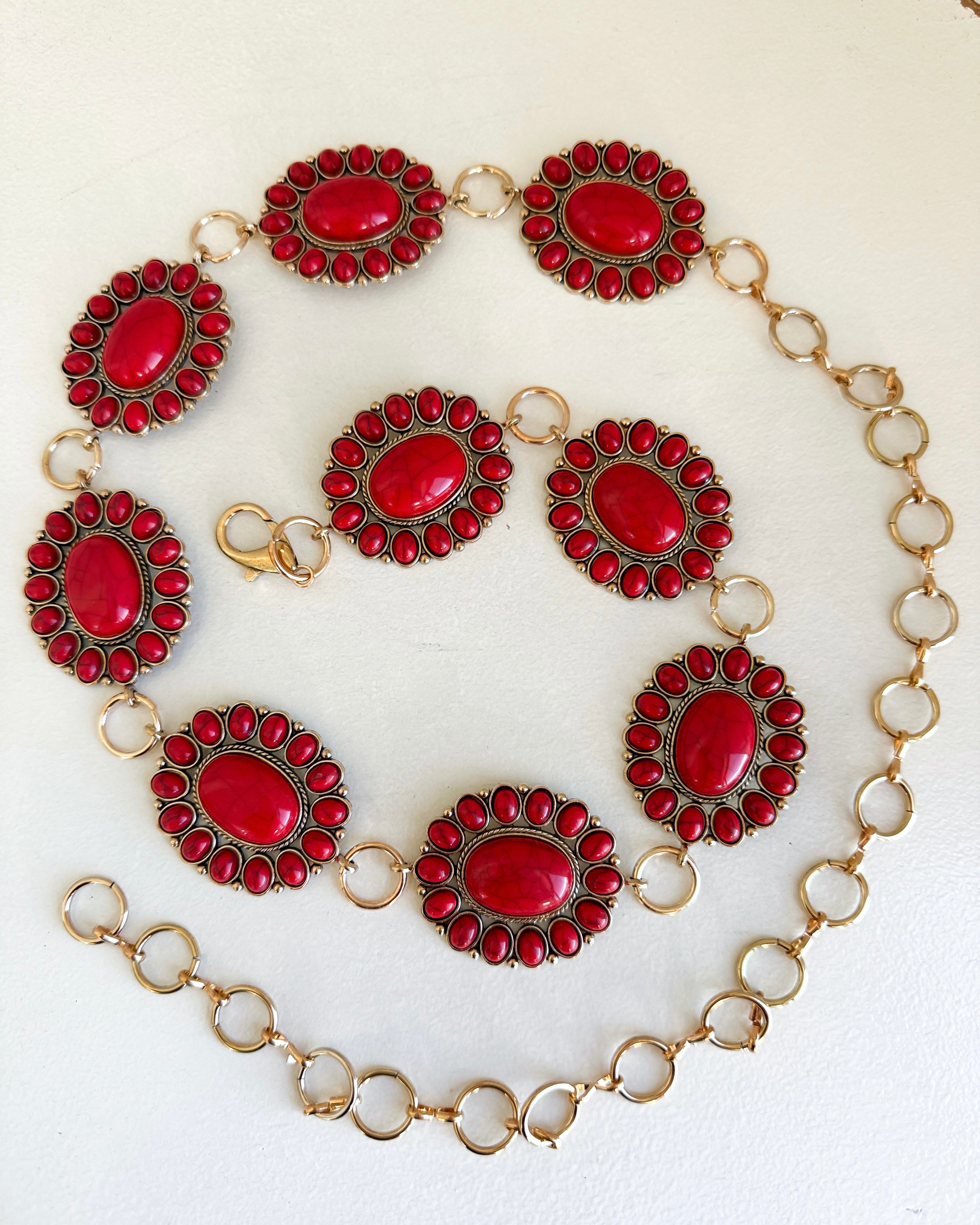 Oval Concho Chain Belt - Red