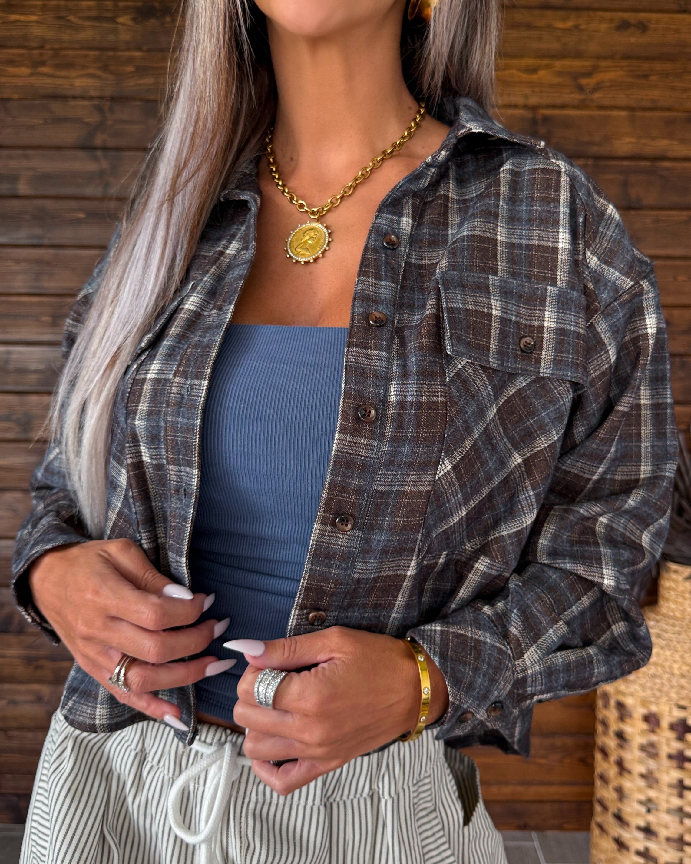 Cozy Cabin Plaid Button-Up Shirt - Mocha/Blue