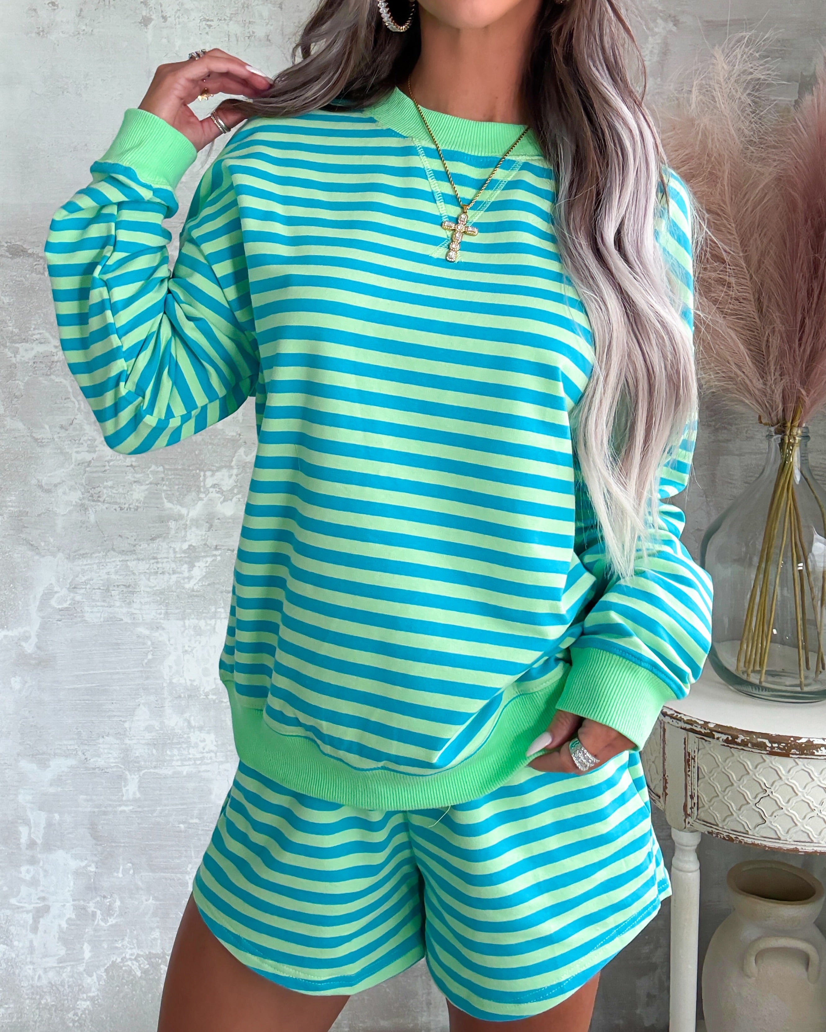Ocean Palm Striped Shorts Set - Green/Aqua