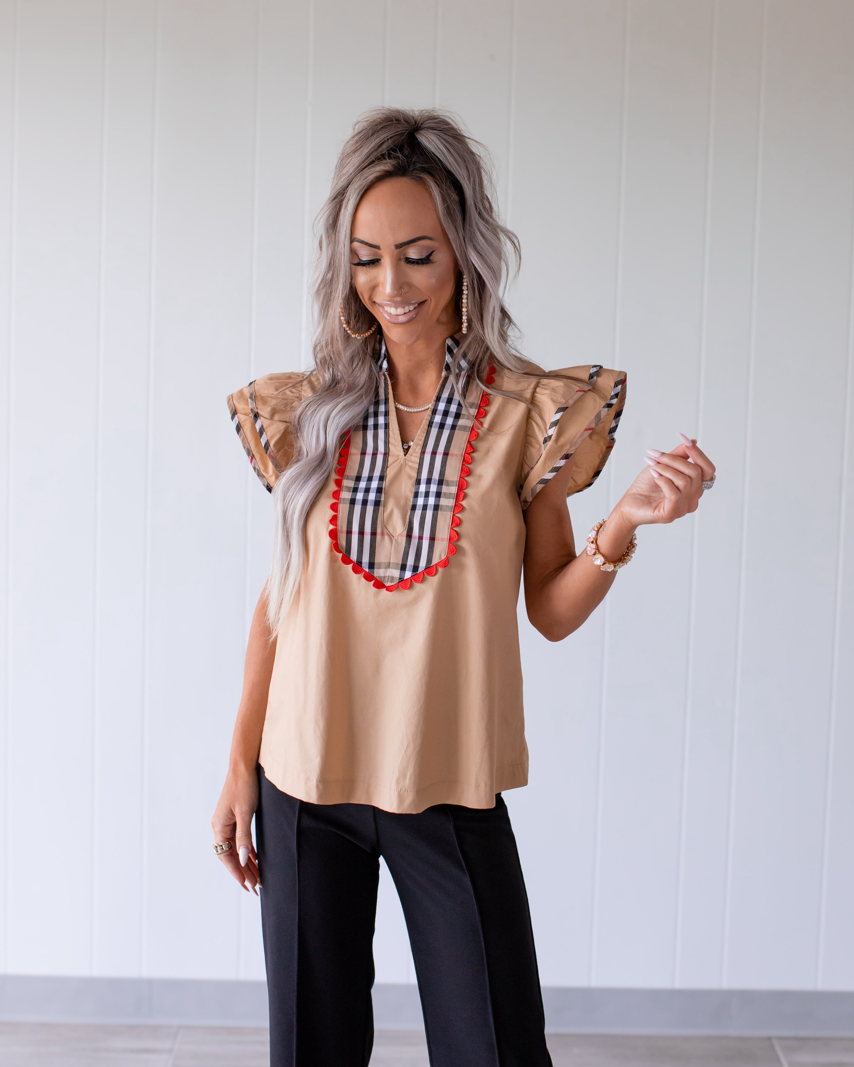 Plaid Contrast Accent Woven Top - Taupe