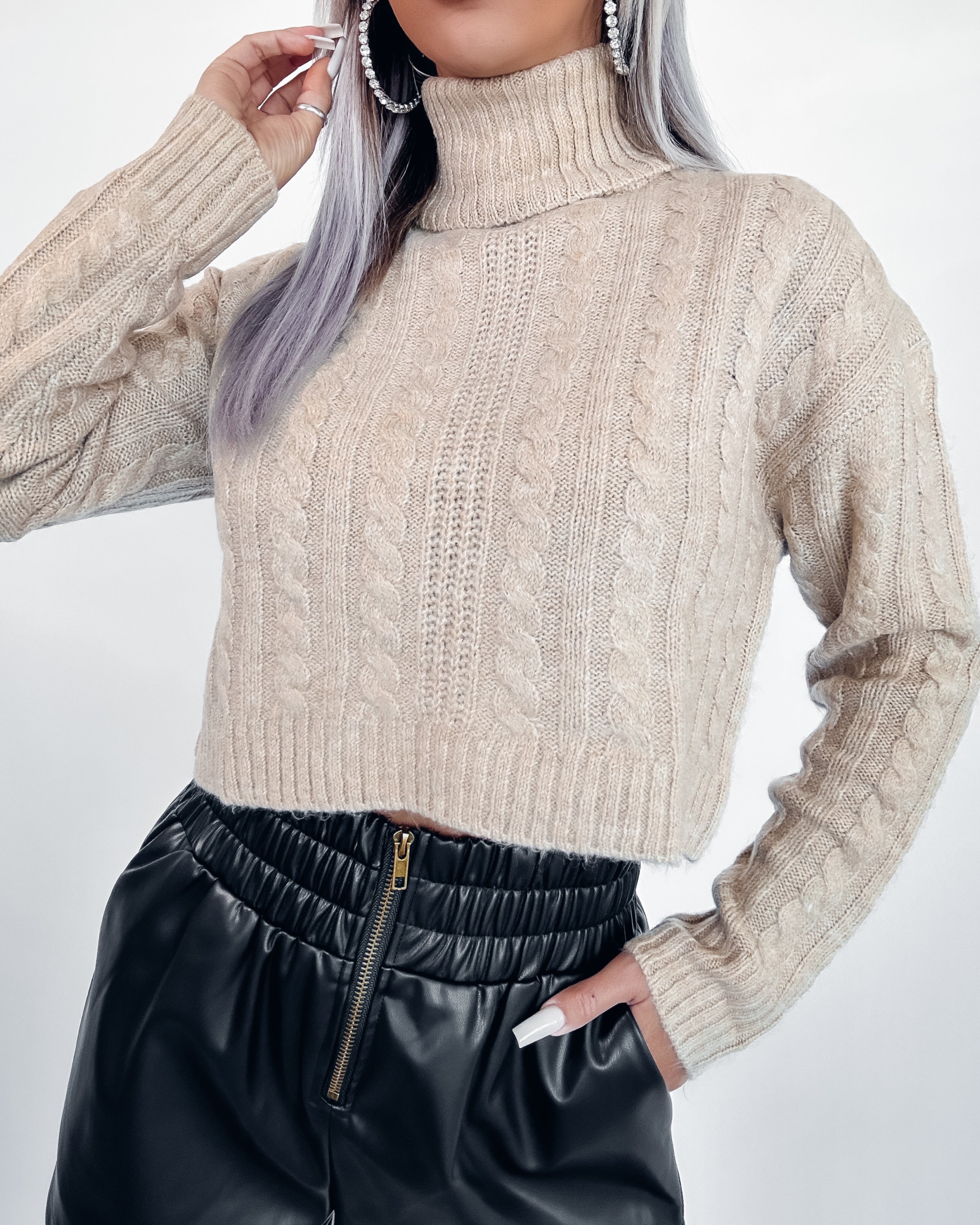 Tell Me More Cable Knit Cropped Sweater- Oatmeal