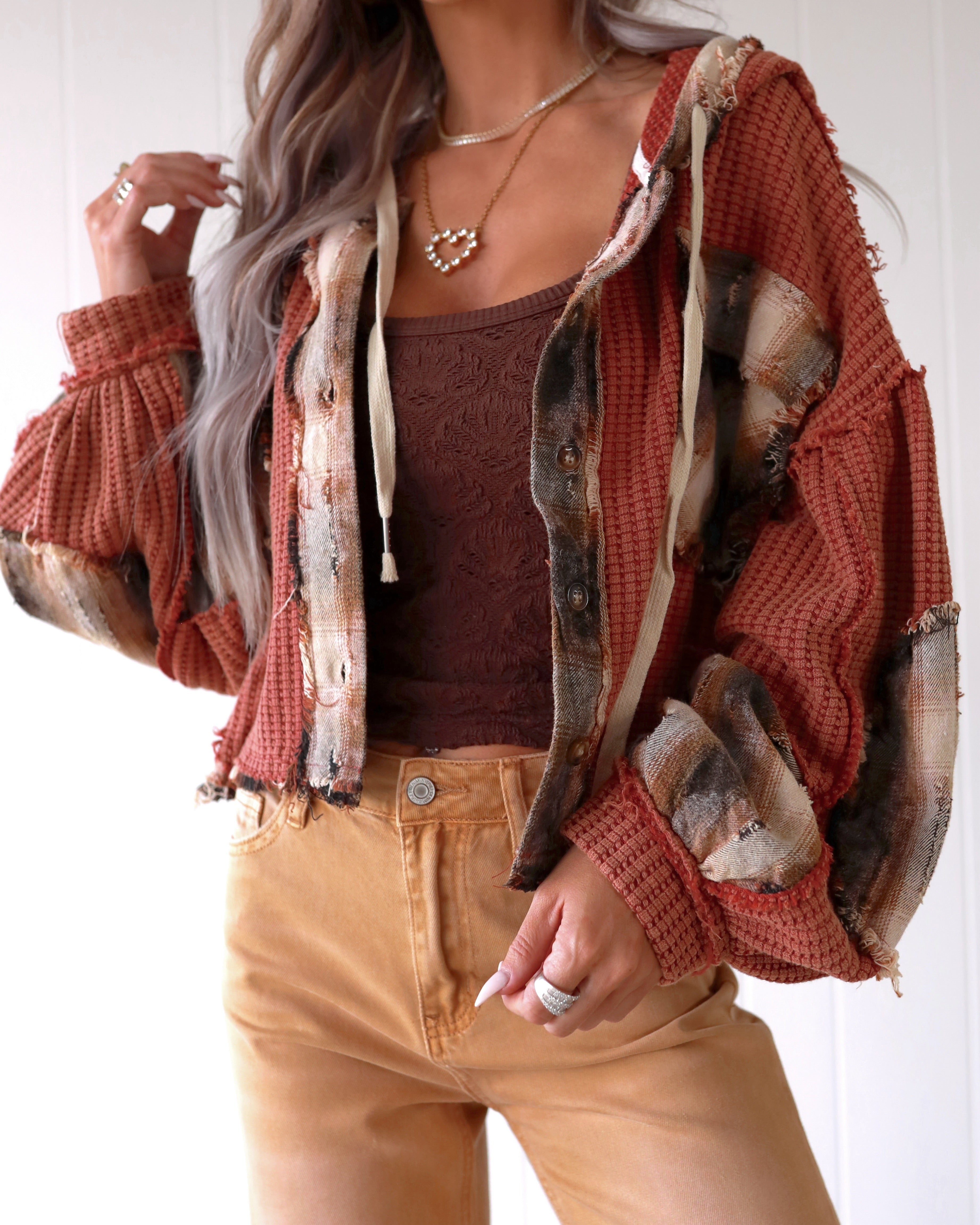 Sweet Patchwork Hooded Top - Maroon