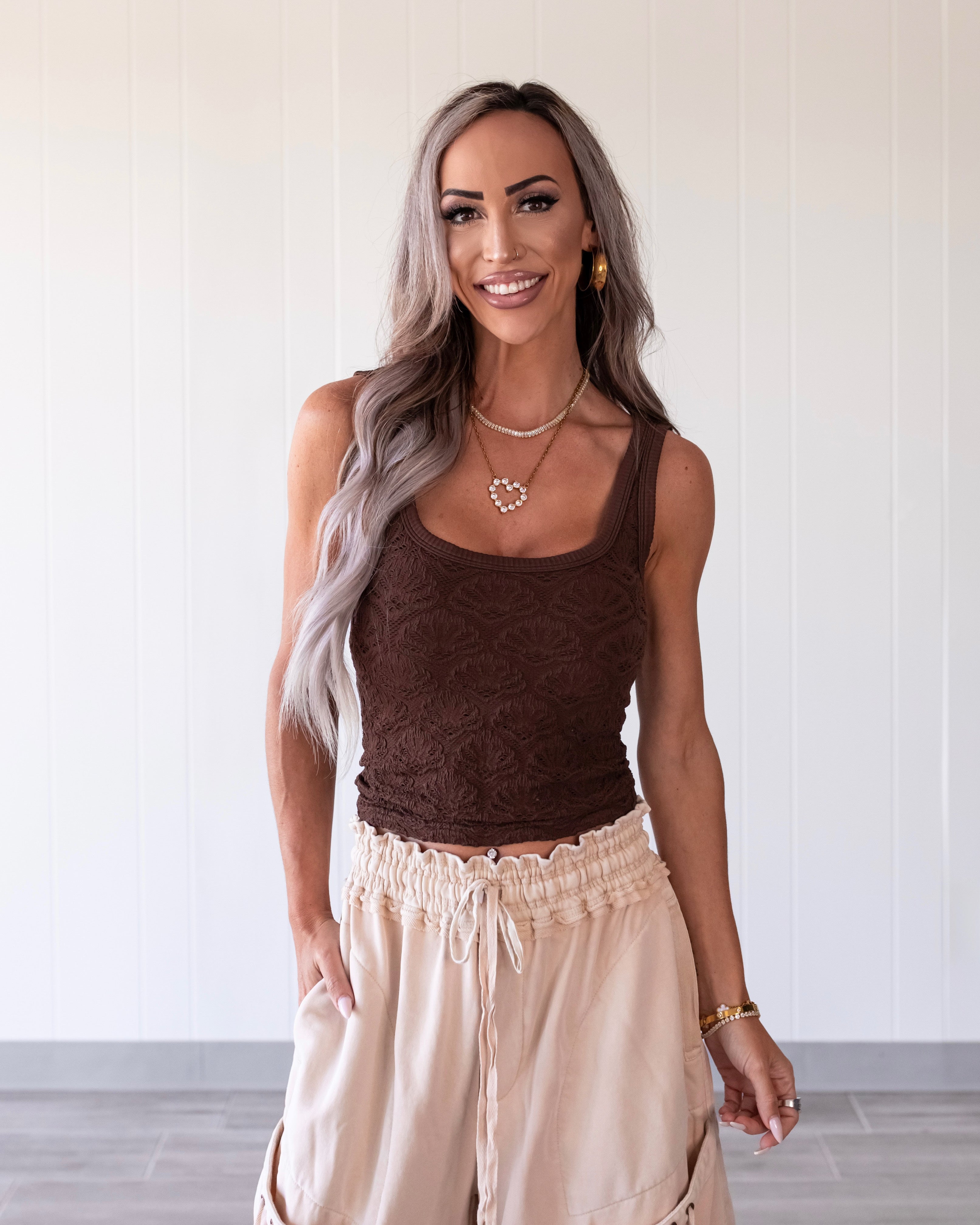Floral Textured Lace Tank - Coffee Bean