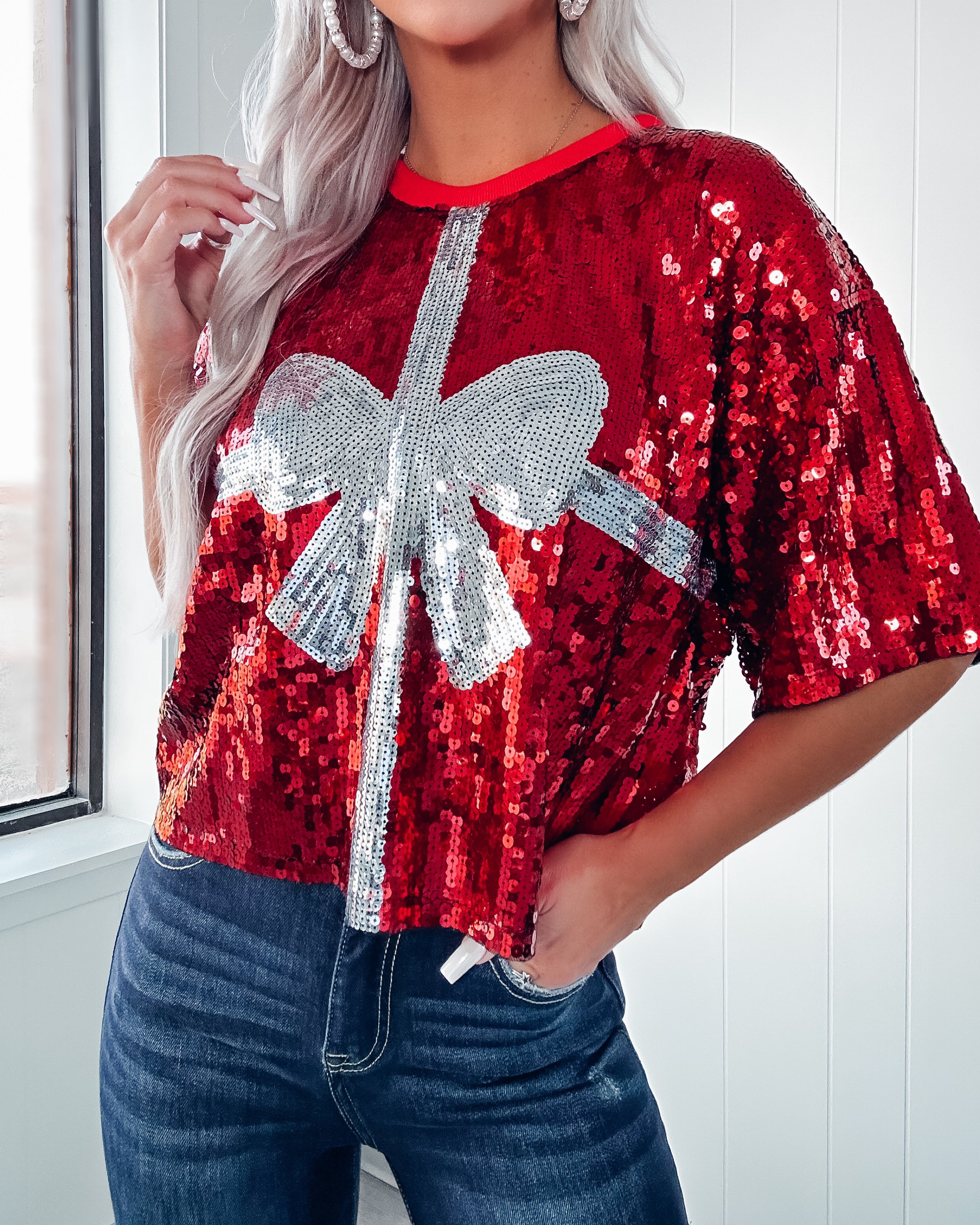 Christmas Bow Sequin Crop Top - Red/Silver