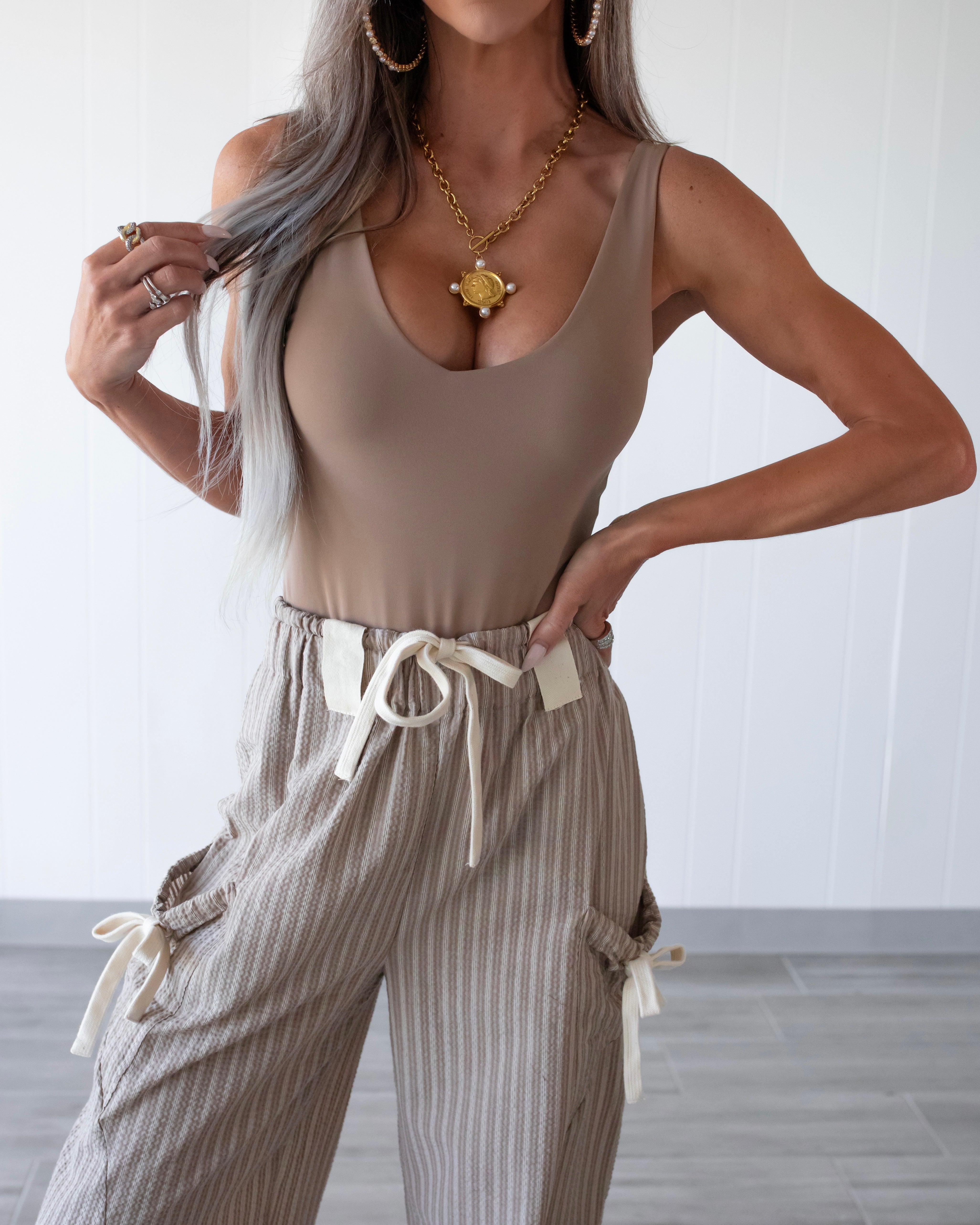 Double Trouble V-Neck Tank Bodysuit - Nutella