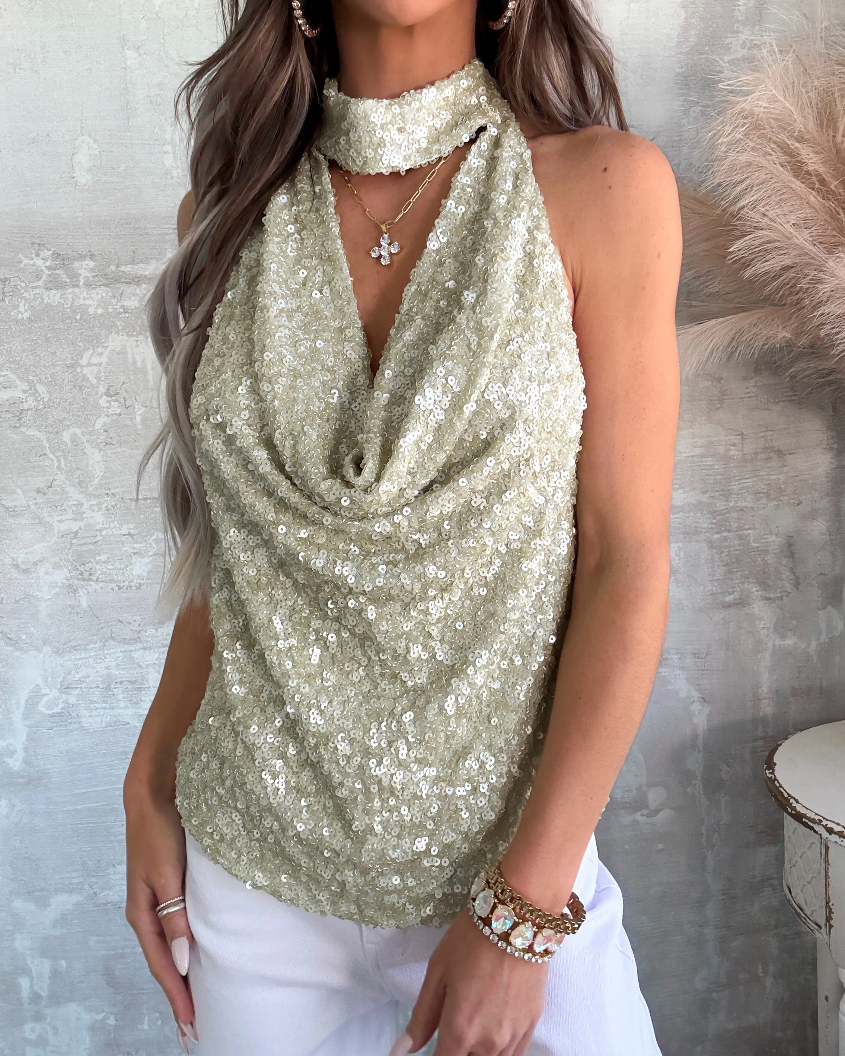 I'll Be Here Sequin Halter Top - Sage