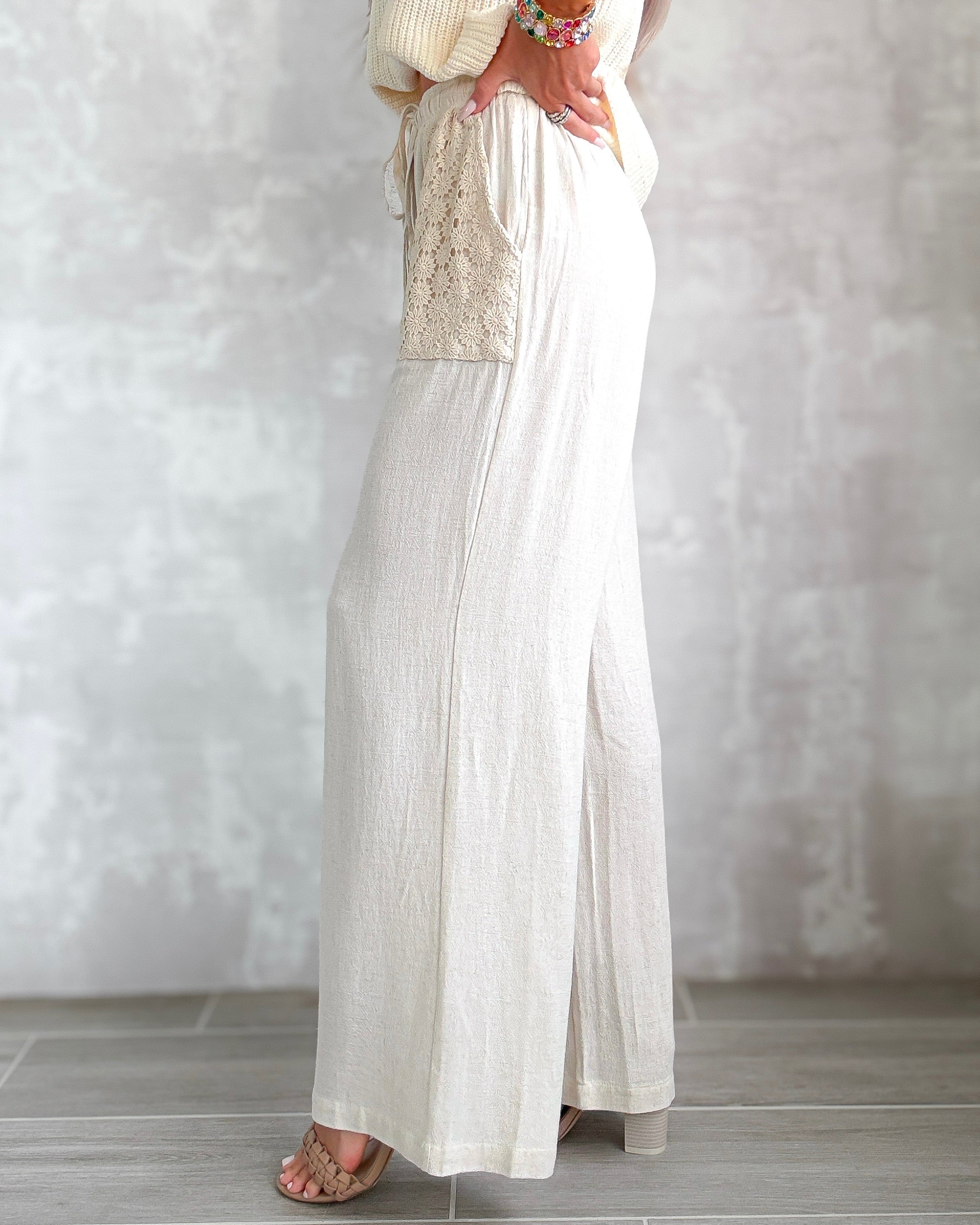 Coastal Linen Crochet Wide Leg Pants - Natural