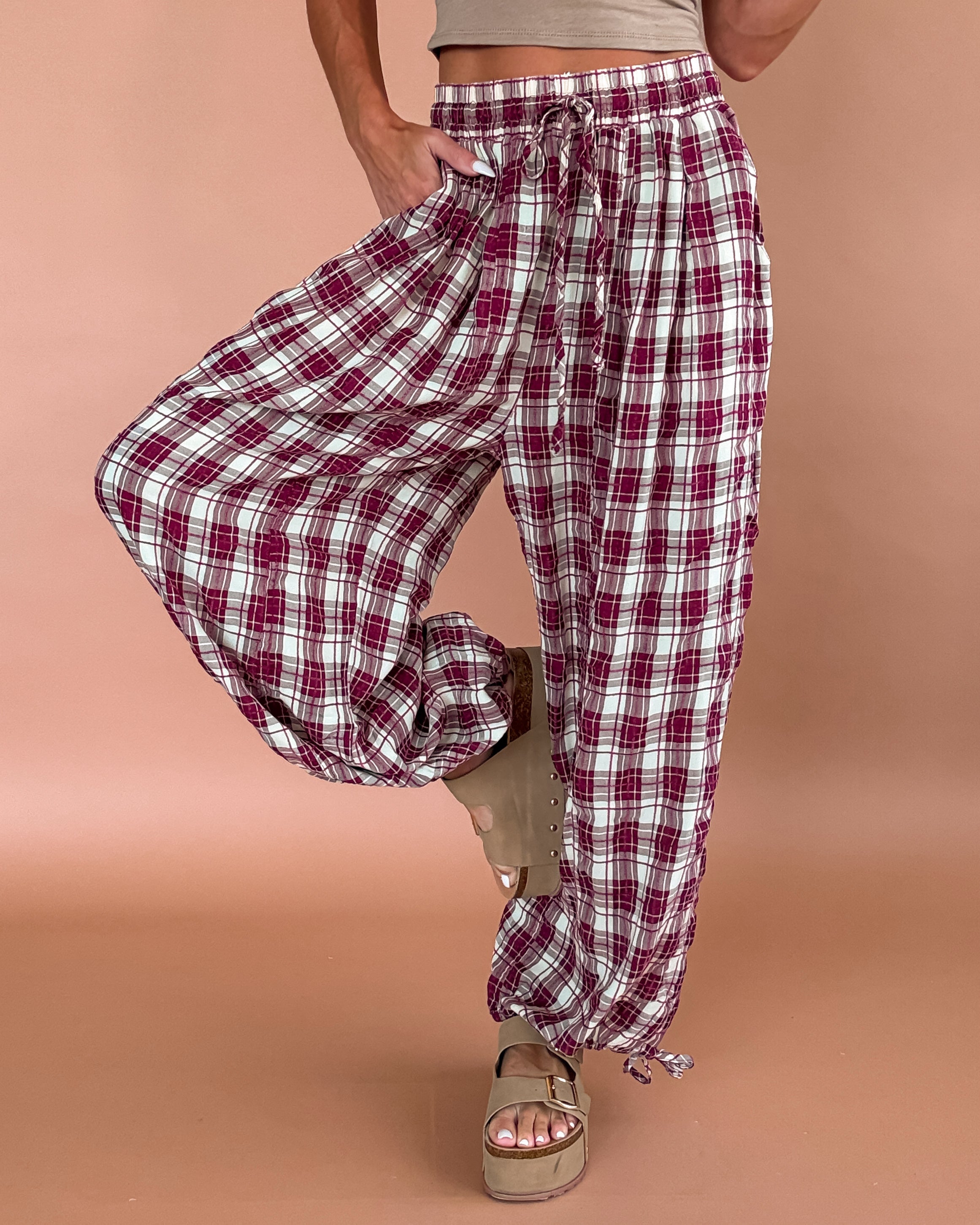 Cabin Plaid Comfort Pants - Wine
