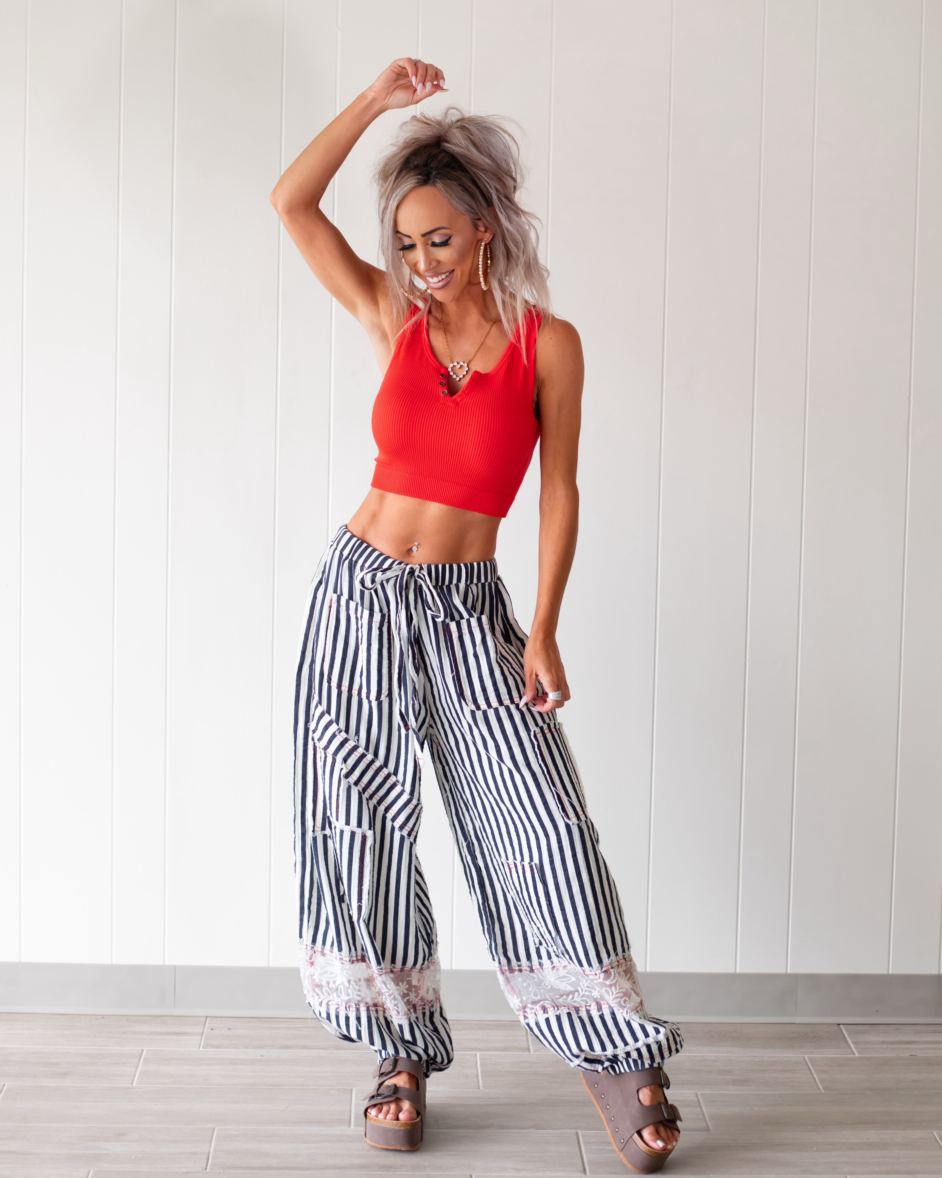 Lace & Leisure Striped Jogger Pants - Navy