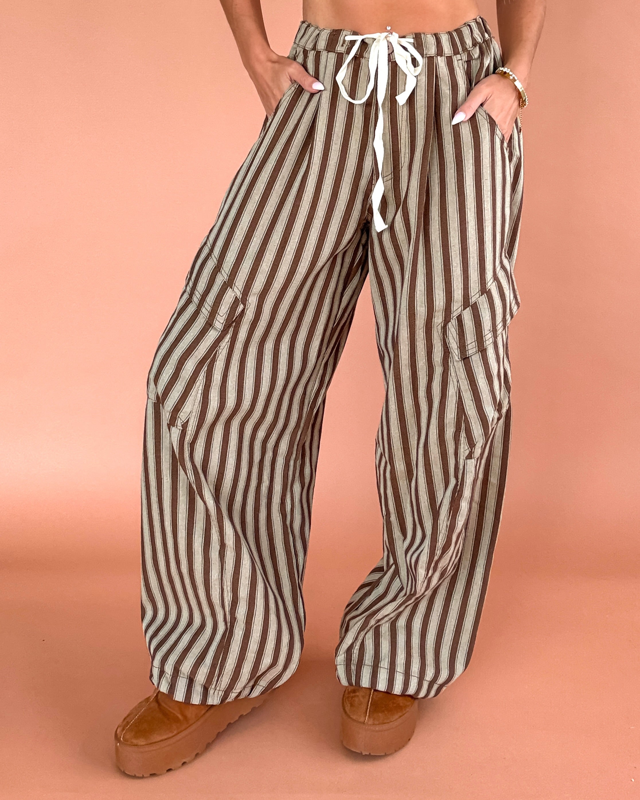 Chic Cargo Striped Wide Leg Pants - Taupe